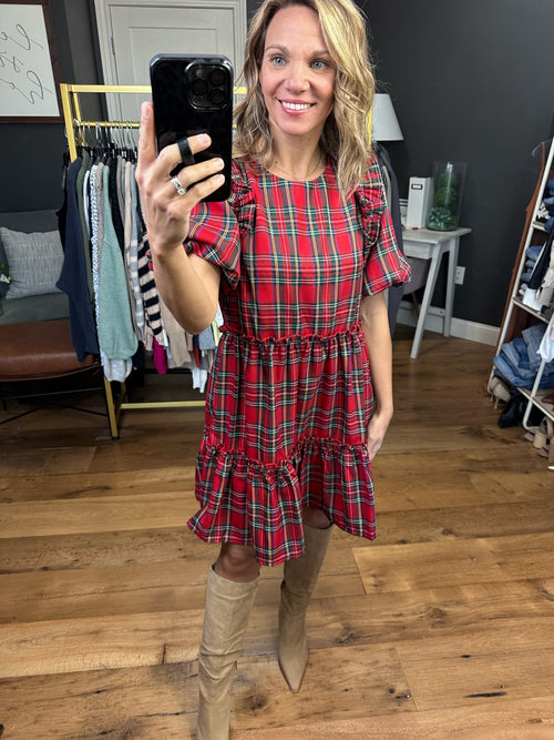 Merry Days Plaid Tiered Dress - Red-Entro D21319-Anna Kaytes Boutique, Women's Fashion Boutique in Grinnell, Iowa