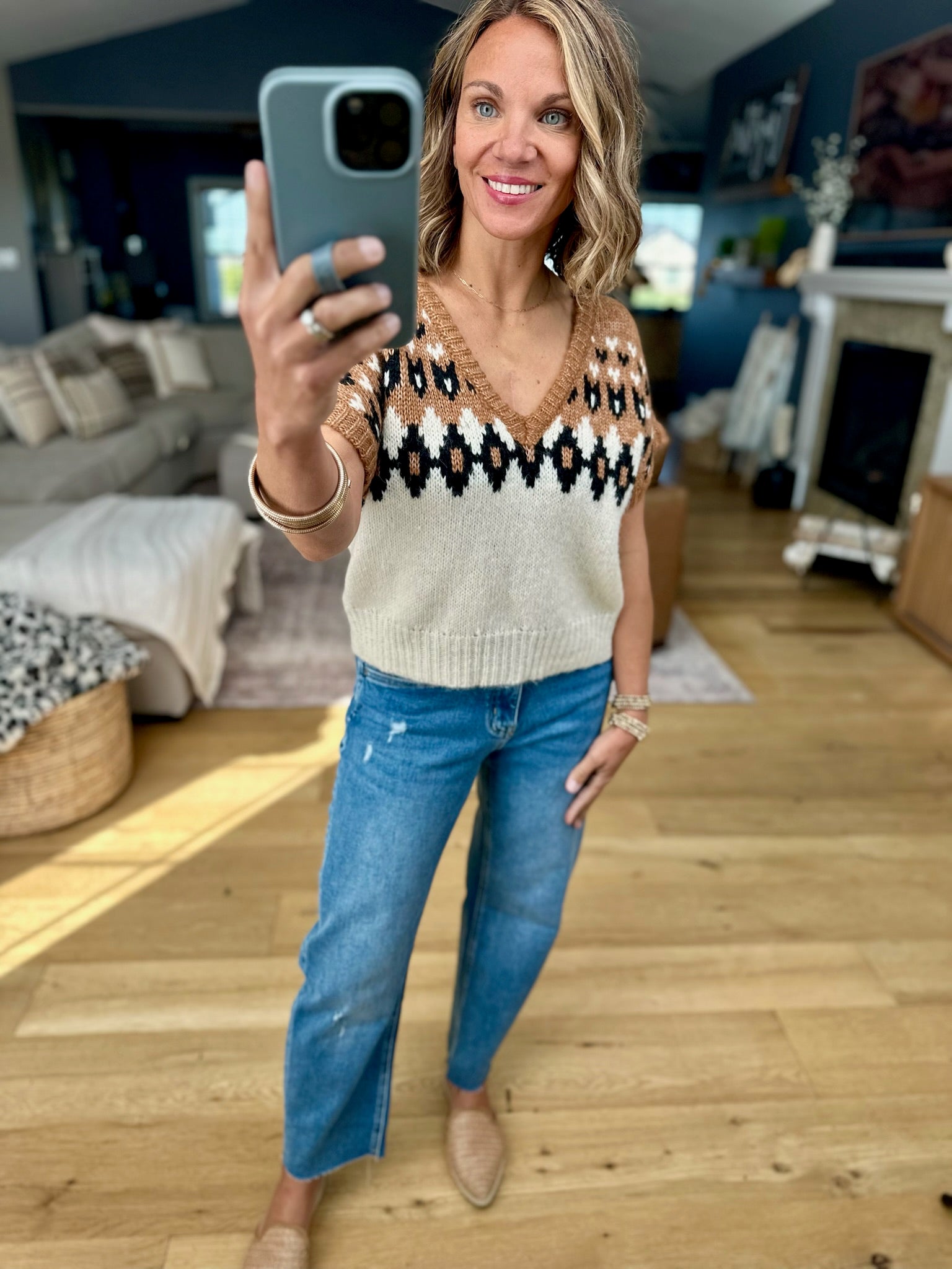 Fall For You Patterned V-Neck Knit Top-Blu Pepper-Anna Kaytes Boutique, Women's Fashion Boutique in Grinnell, Iowa