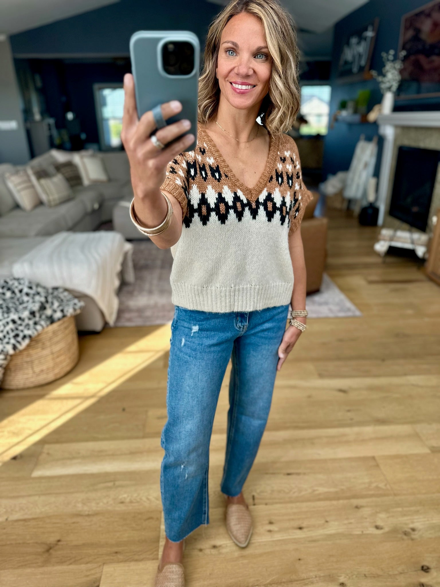 Fall For You Patterned V-Neck Knit Top-Blu Pepper-Anna Kaytes Boutique, Women's Fashion Boutique in Grinnell, Iowa