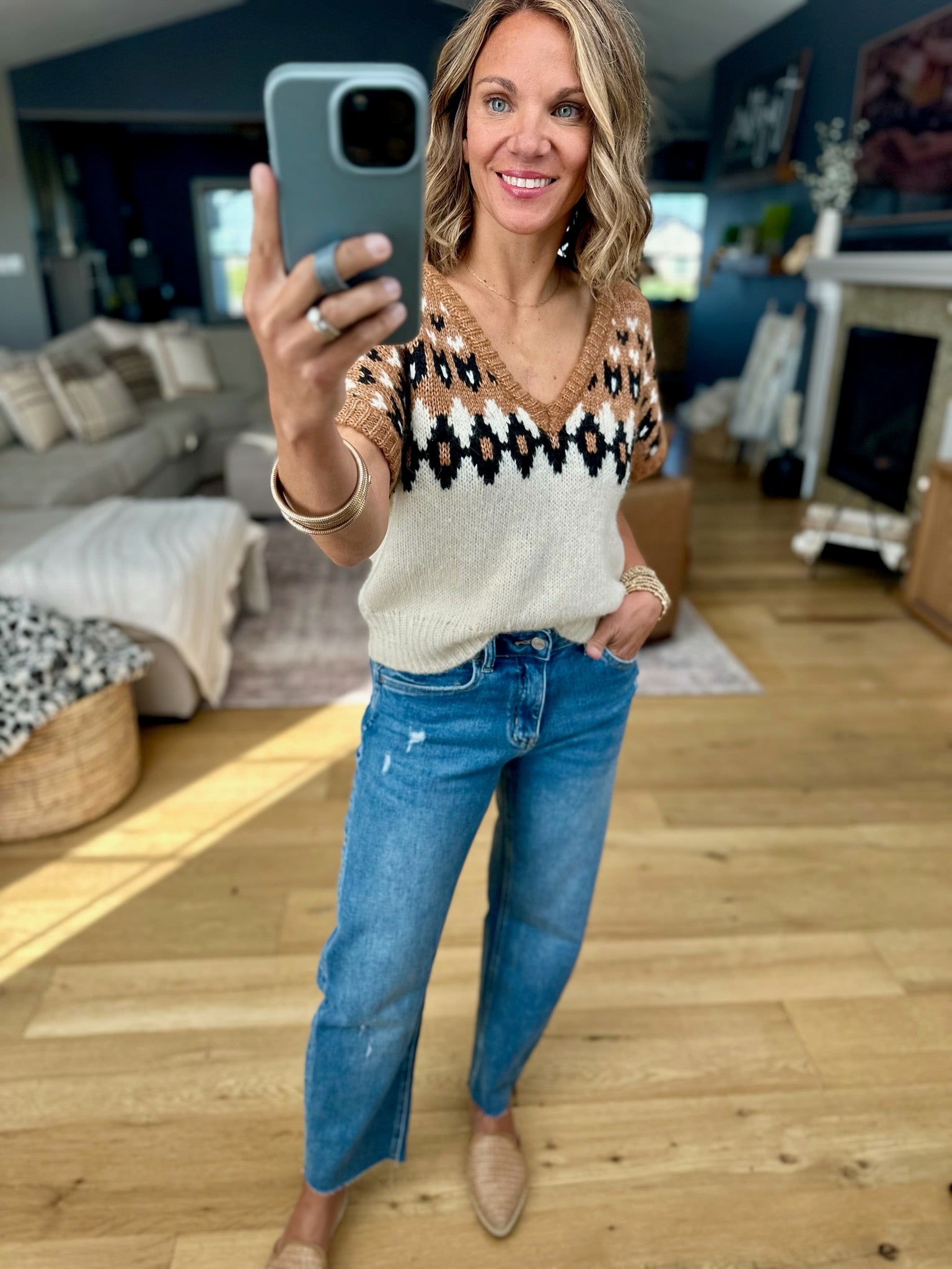 Fall For You Patterned V-Neck Knit Top-Blu Pepper-Anna Kaytes Boutique, Women's Fashion Boutique in Grinnell, Iowa