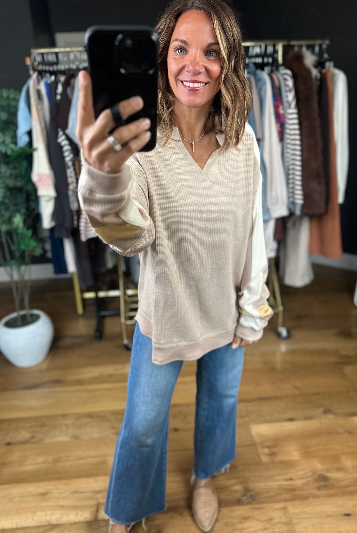 Catching Feelings V-Neck Waffle Top-Long Sleeves-Very J-Anna Kaytes Boutique, Women's Fashion Boutique in Grinnell, Iowa