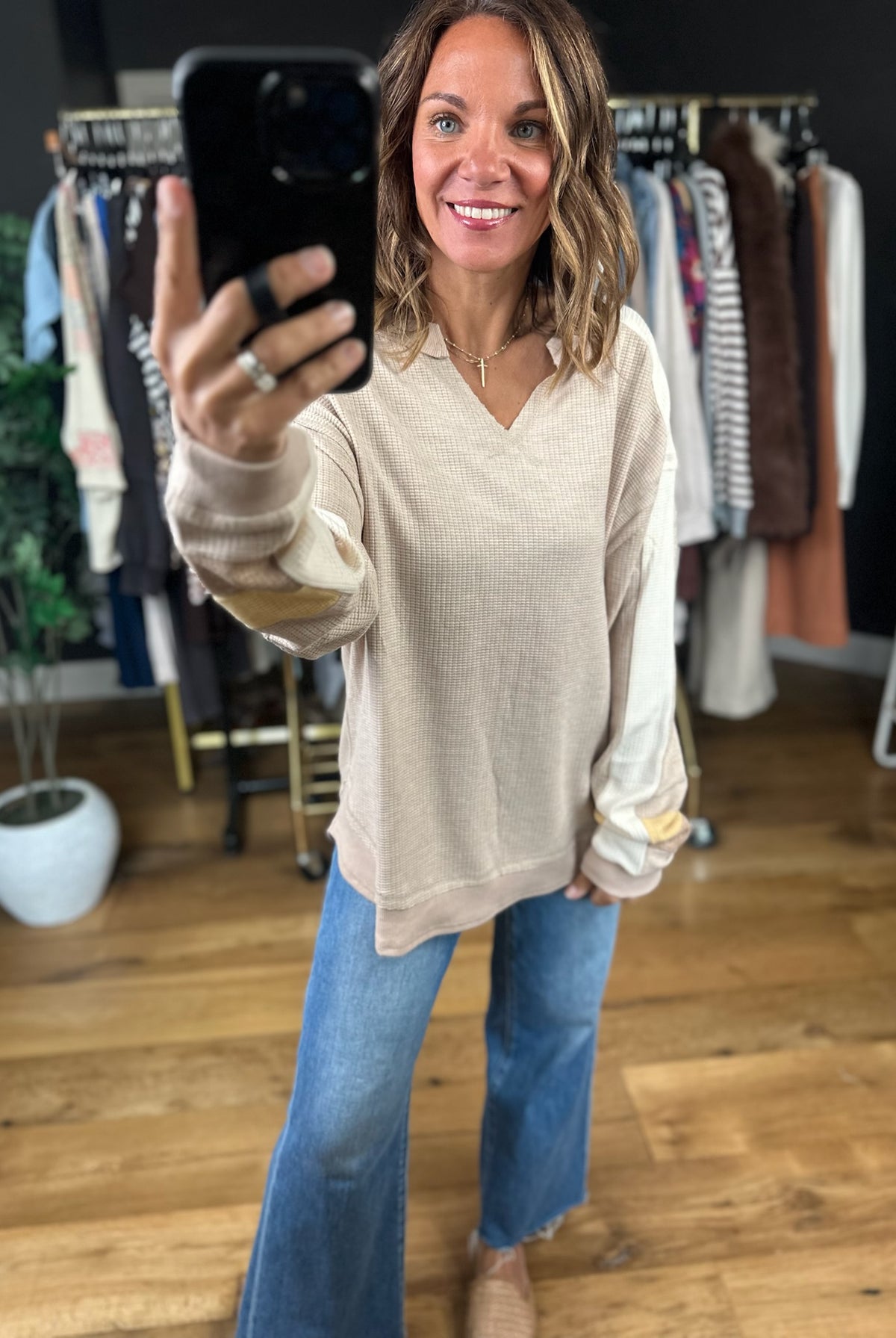 Catching Feelings V-Neck Waffle Top-Long Sleeves-Very J-Anna Kaytes Boutique, Women's Fashion Boutique in Grinnell, Iowa