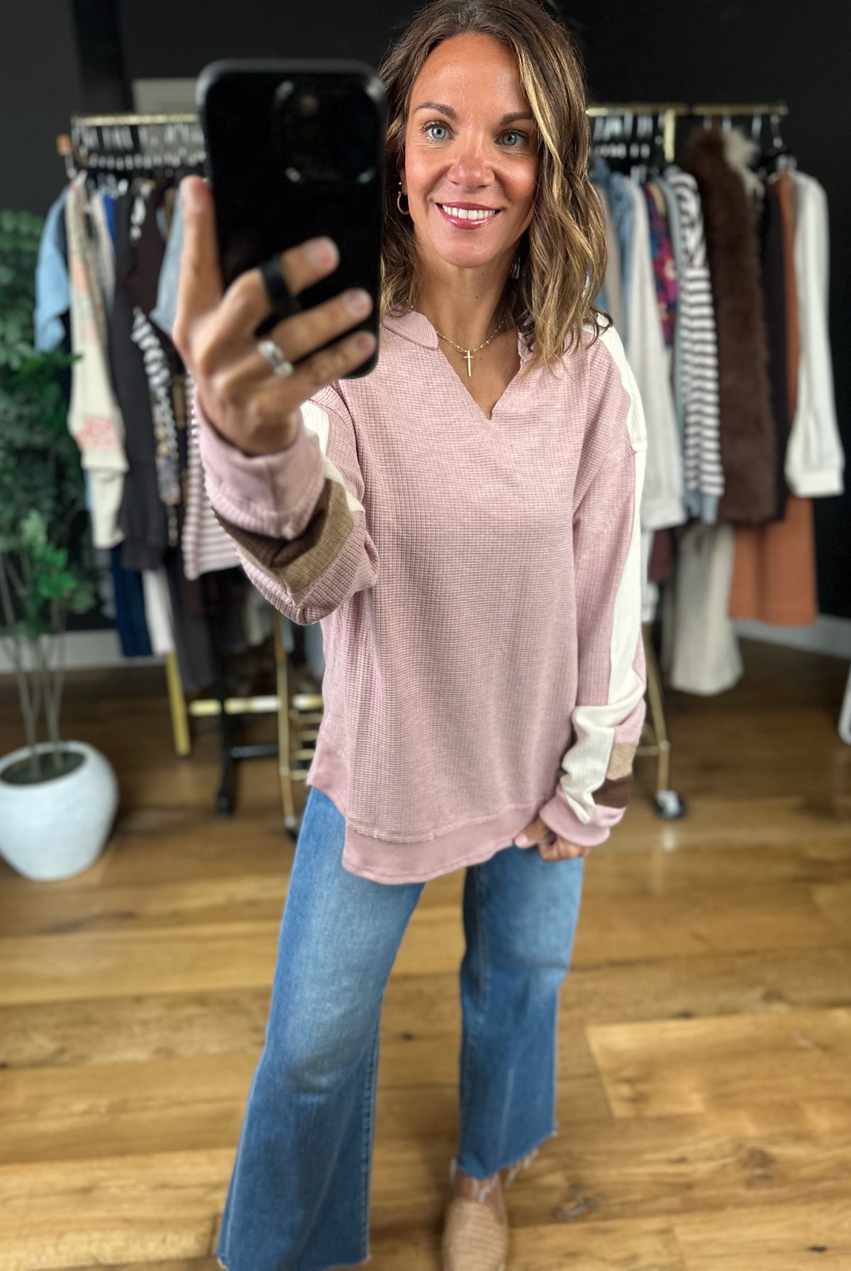 Catching Feelings V-Neck Waffle Top-Long Sleeves-Very J-Anna Kaytes Boutique, Women's Fashion Boutique in Grinnell, Iowa