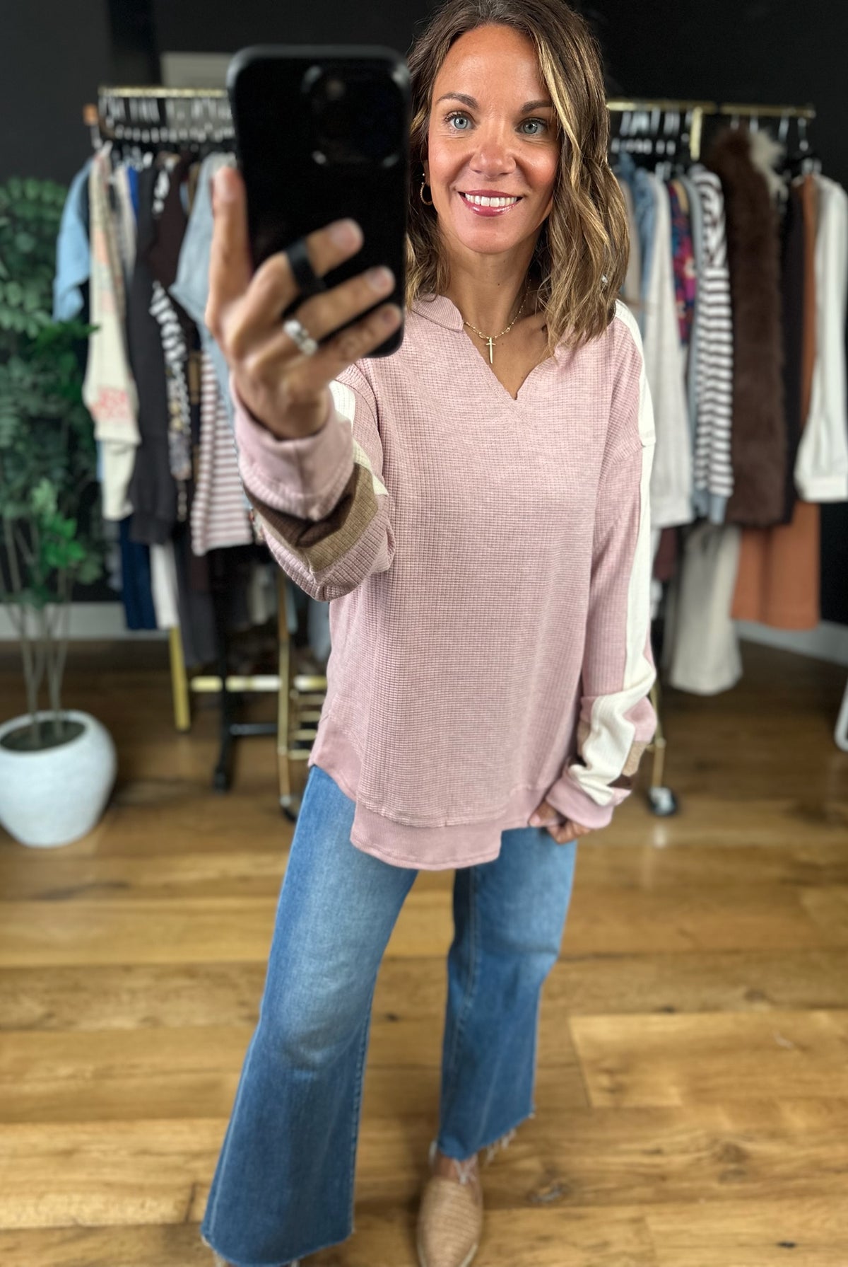 Catching Feelings V-Neck Waffle Top-Long Sleeves-Very J-Anna Kaytes Boutique, Women's Fashion Boutique in Grinnell, Iowa
