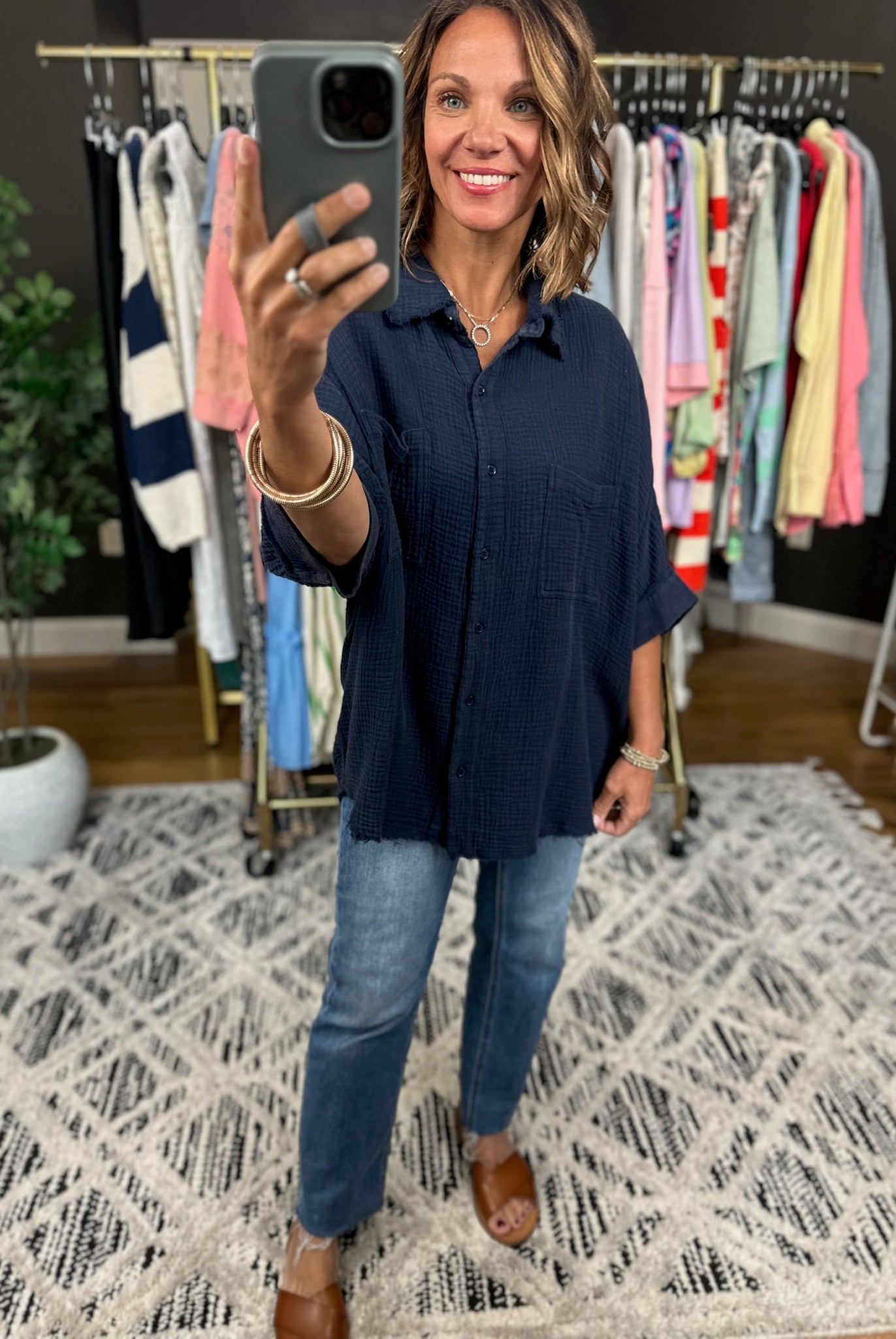 Never Worried Cotton Gauze Button-Down Top-Short Sleeves-ee:some-Anna Kaytes Boutique, Women's Fashion Boutique in Grinnell, Iowa