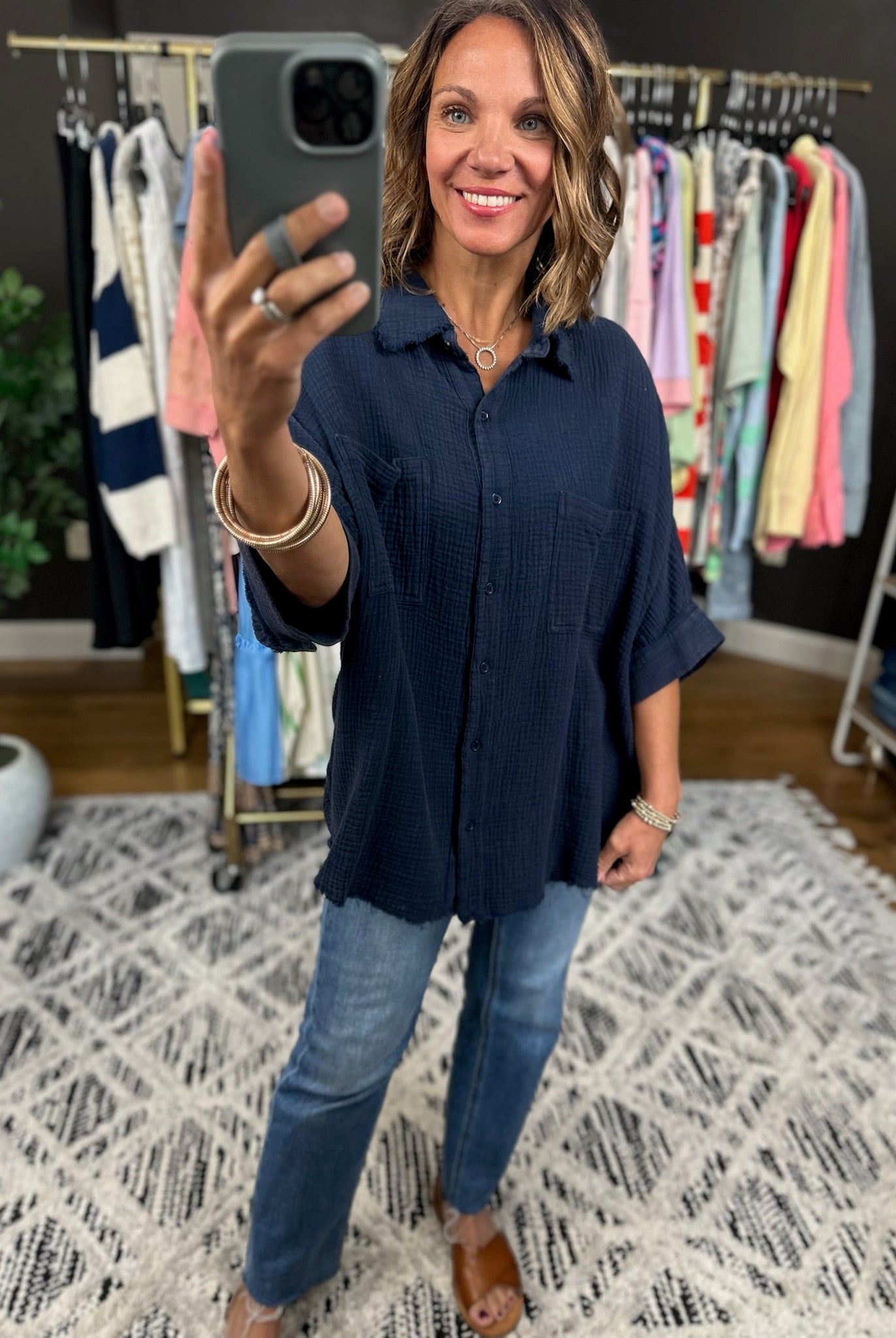 Never Worried Cotton Gauze Button-Down Top-Short Sleeves-ee:some-Anna Kaytes Boutique, Women's Fashion Boutique in Grinnell, Iowa