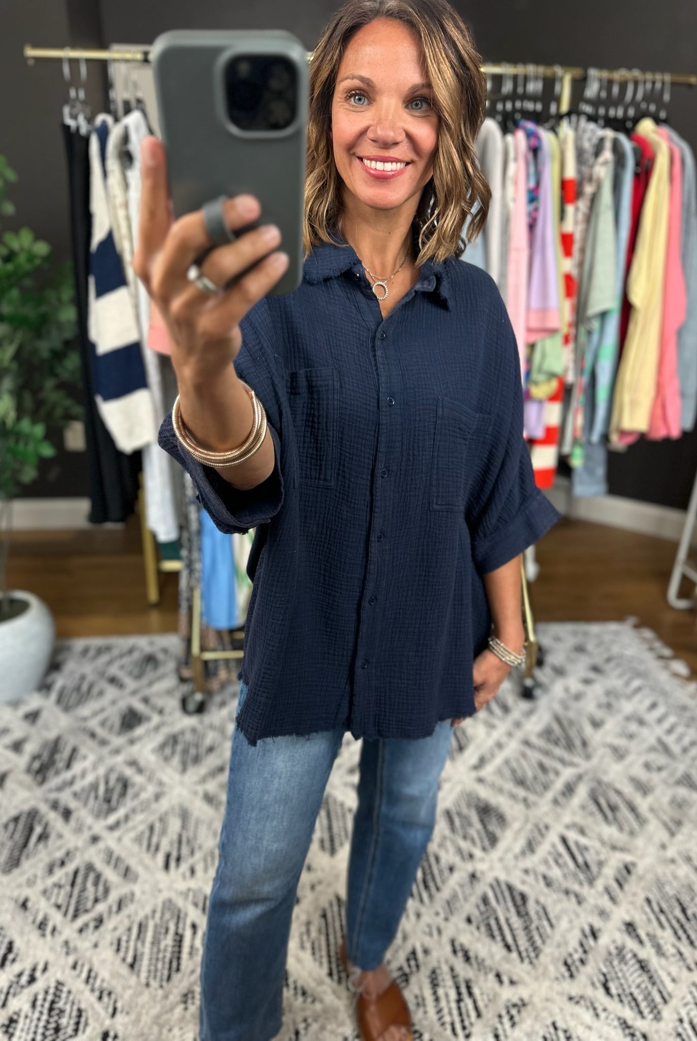 Never Worried Cotton Gauze Button-Down Top-Short Sleeves-ee:some-Anna Kaytes Boutique, Women's Fashion Boutique in Grinnell, Iowa