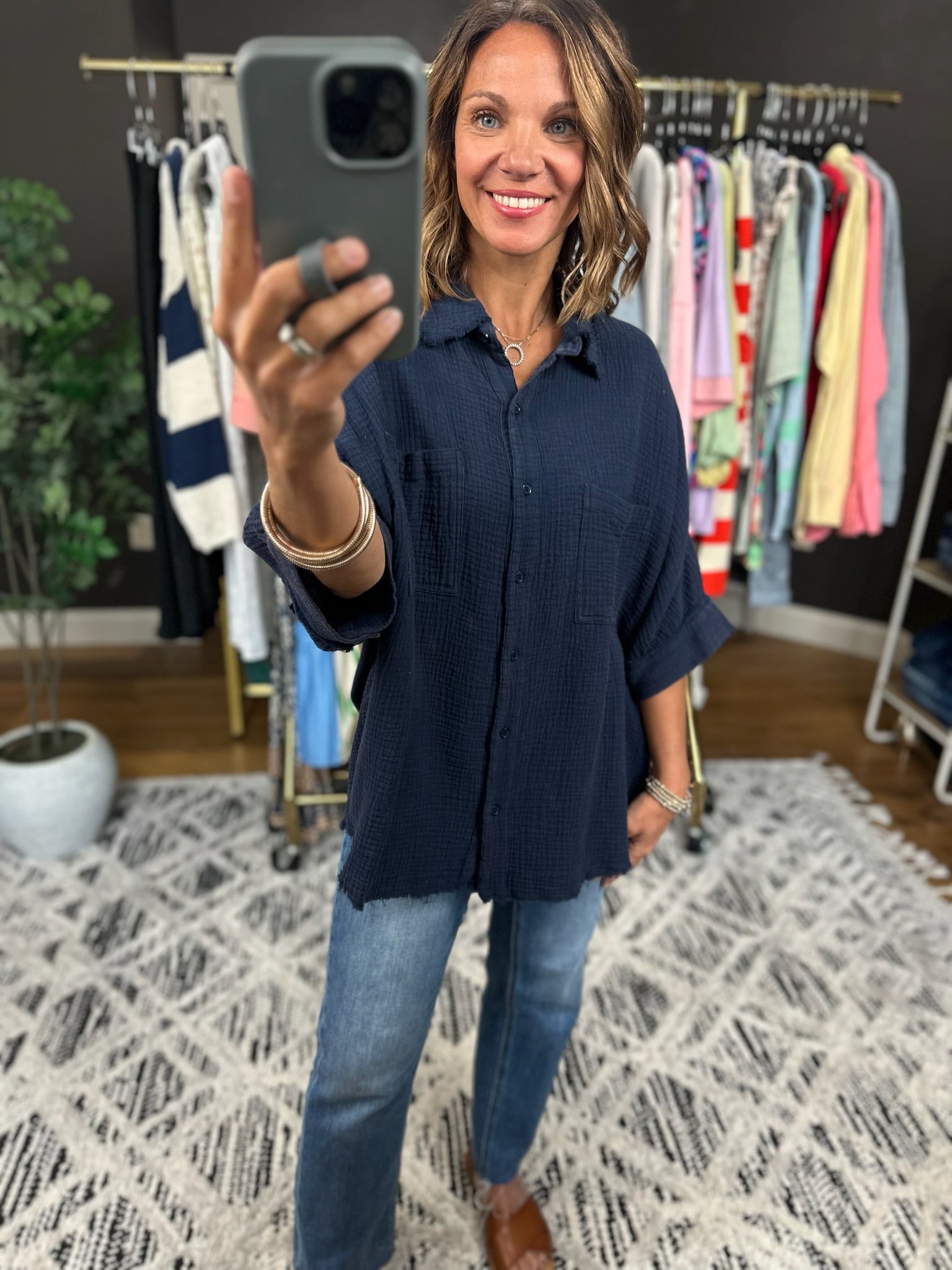 Never Worried Cotton Gauze Button-Down Top-Short Sleeves-ee:some-Anna Kaytes Boutique, Women's Fashion Boutique in Grinnell, Iowa