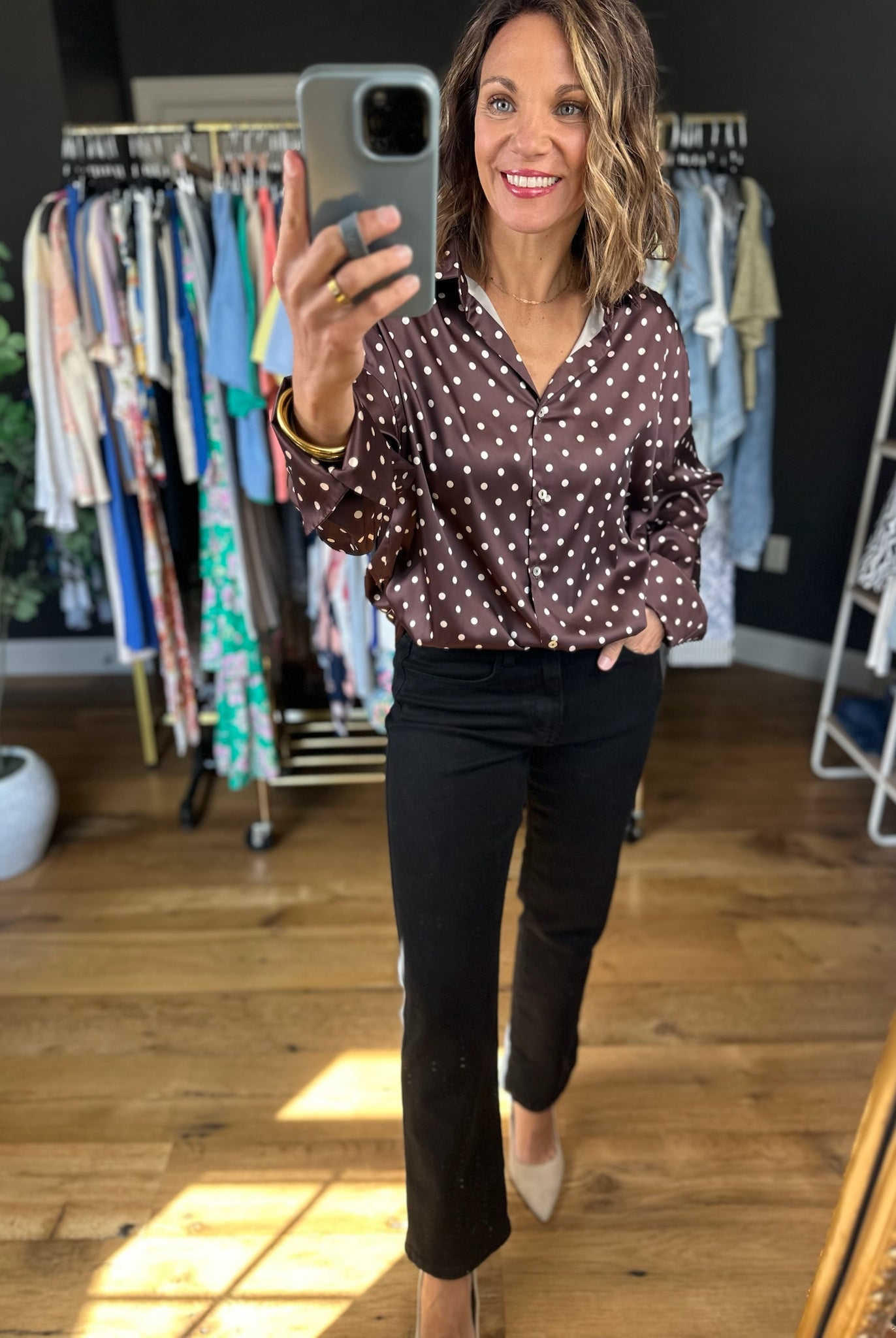 Served Its Purpose Polka-Dot Button-Down Top-Long Sleeves-Vine & Love-Anna Kaytes Boutique, Women's Fashion Boutique in Grinnell, Iowa