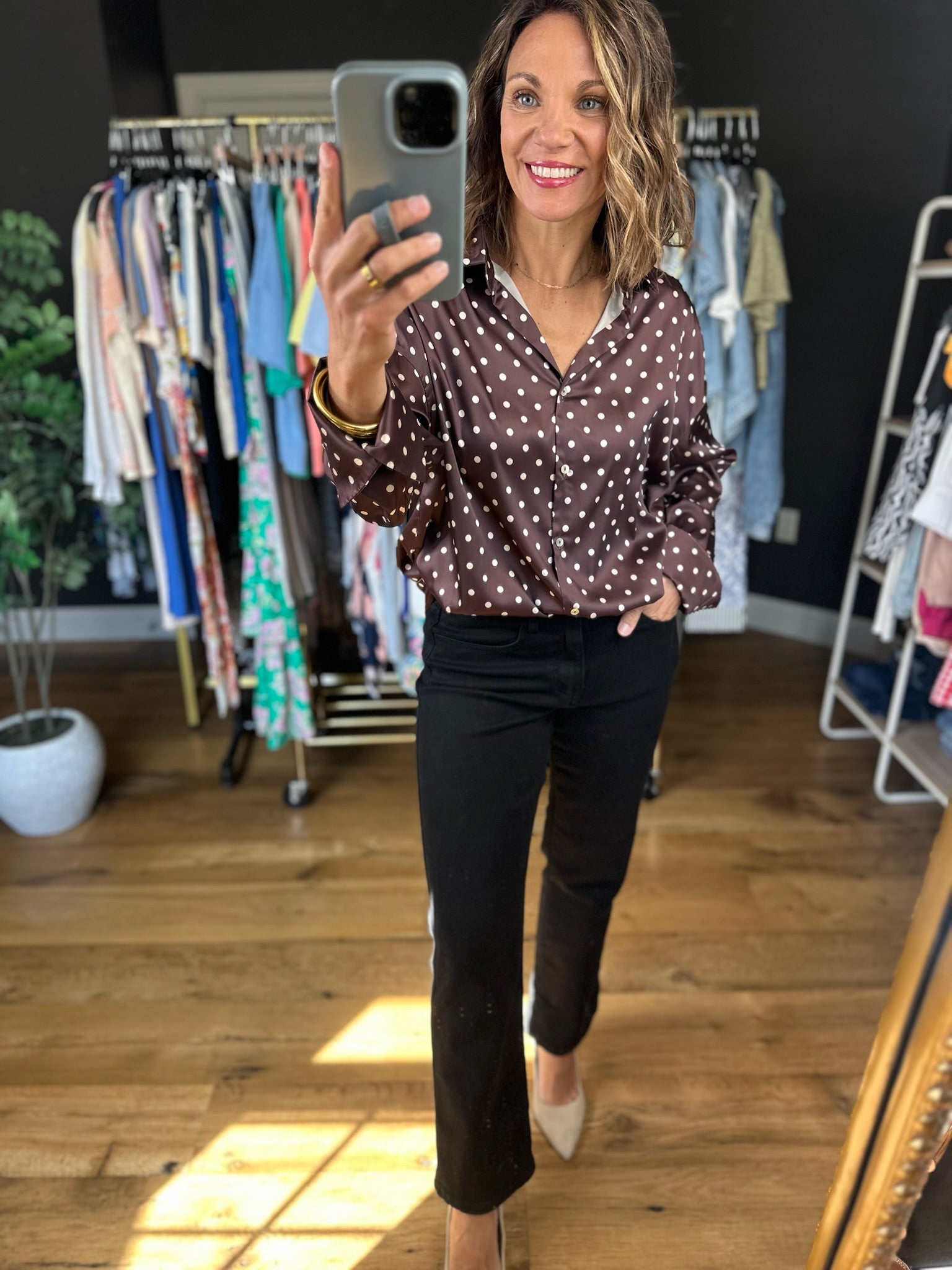 Served Its Purpose Polka-Dot Button-Down Top-Long Sleeves-Vine & Love-Anna Kaytes Boutique, Women's Fashion Boutique in Grinnell, Iowa