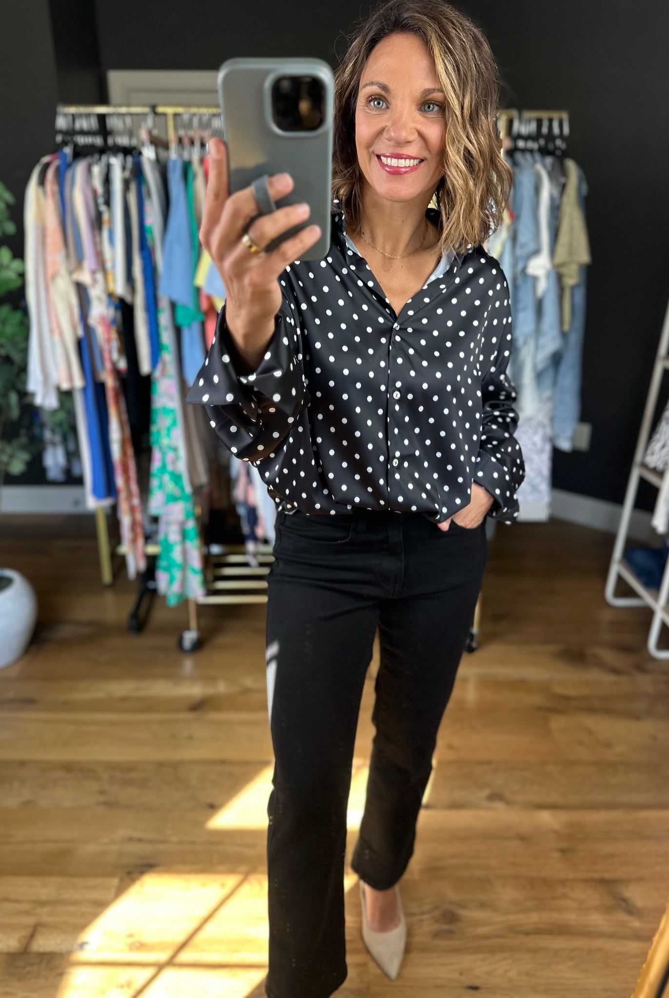 Served Its Purpose Polka-Dot Button-Down Top-Long Sleeves-Vine & Love-Anna Kaytes Boutique, Women's Fashion Boutique in Grinnell, Iowa