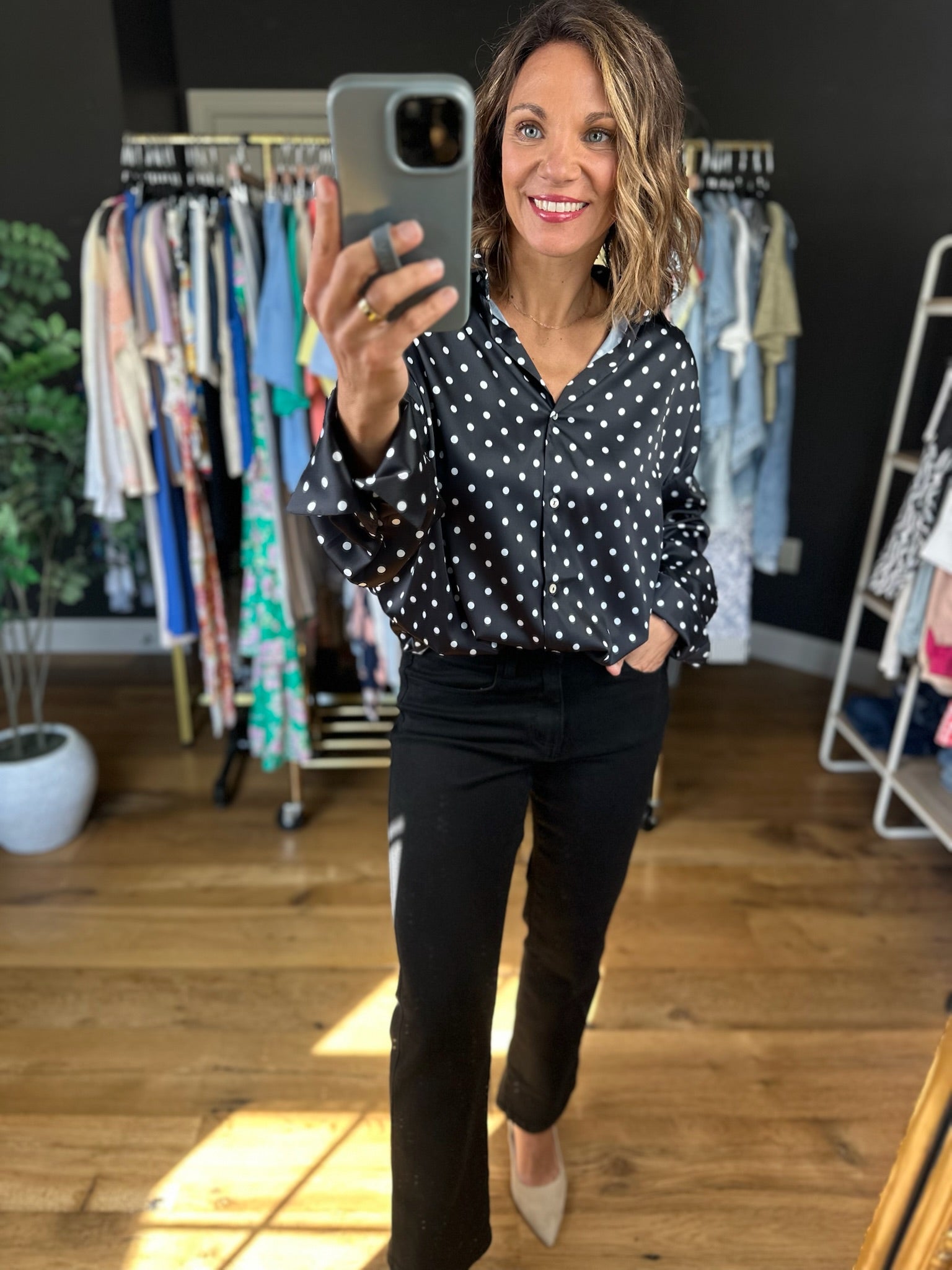 Served Its Purpose Polka-Dot Button-Down Top-Long Sleeves-Vine & Love-Anna Kaytes Boutique, Women's Fashion Boutique in Grinnell, Iowa