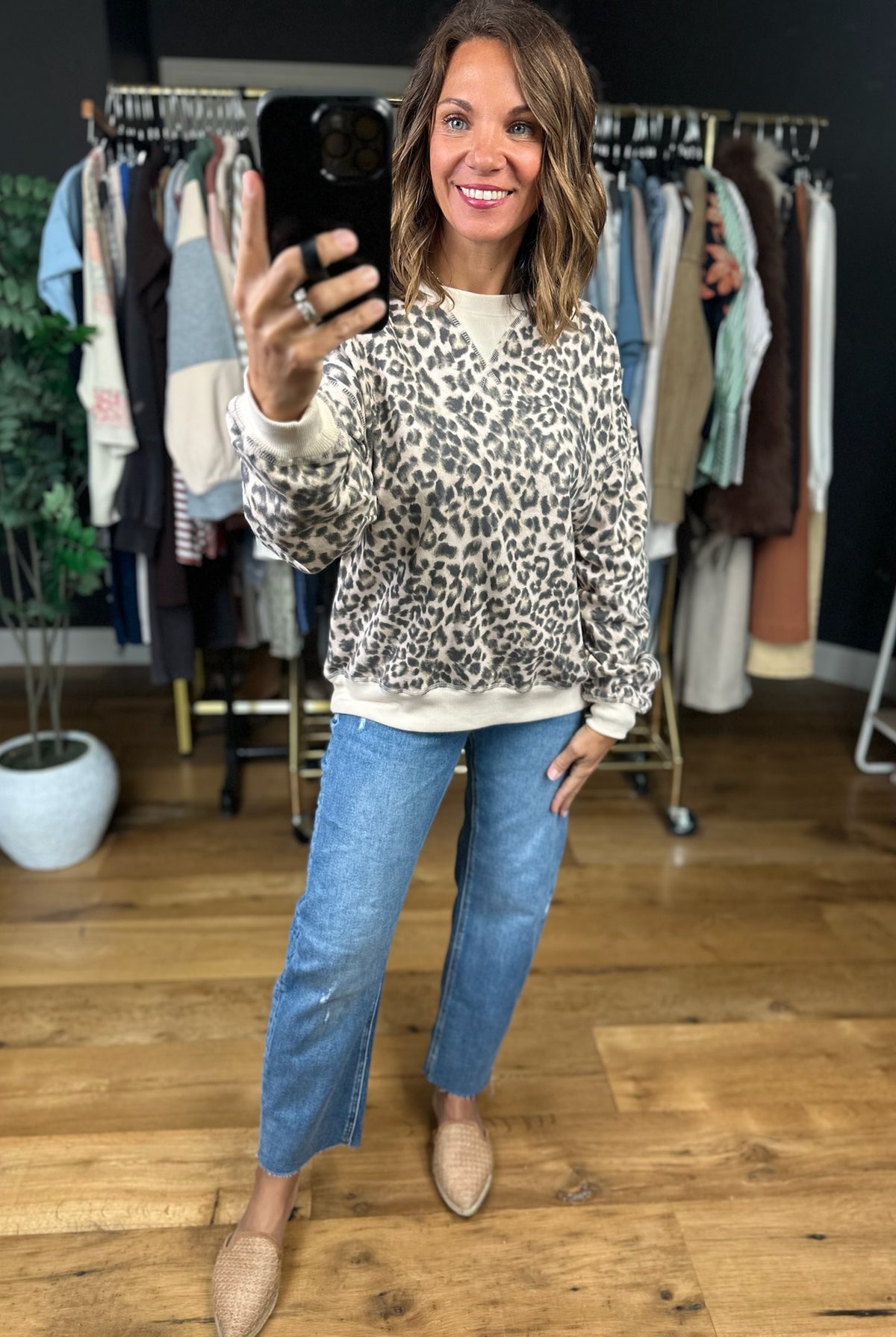 On The Spot Leopard Print Crewneck-Sweaters-JOA-Anna Kaytes Boutique, Women's Fashion Boutique in Grinnell, Iowa