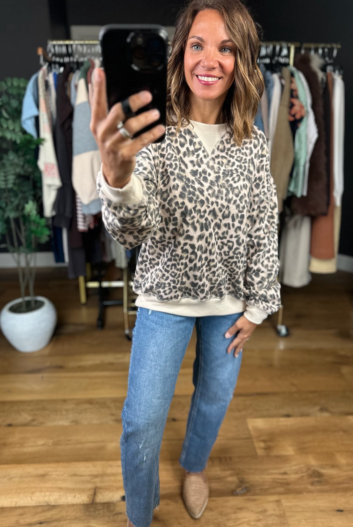 On The Spot Leopard Print Crewneck-Sweaters-JOA-Anna Kaytes Boutique, Women's Fashion Boutique in Grinnell, Iowa