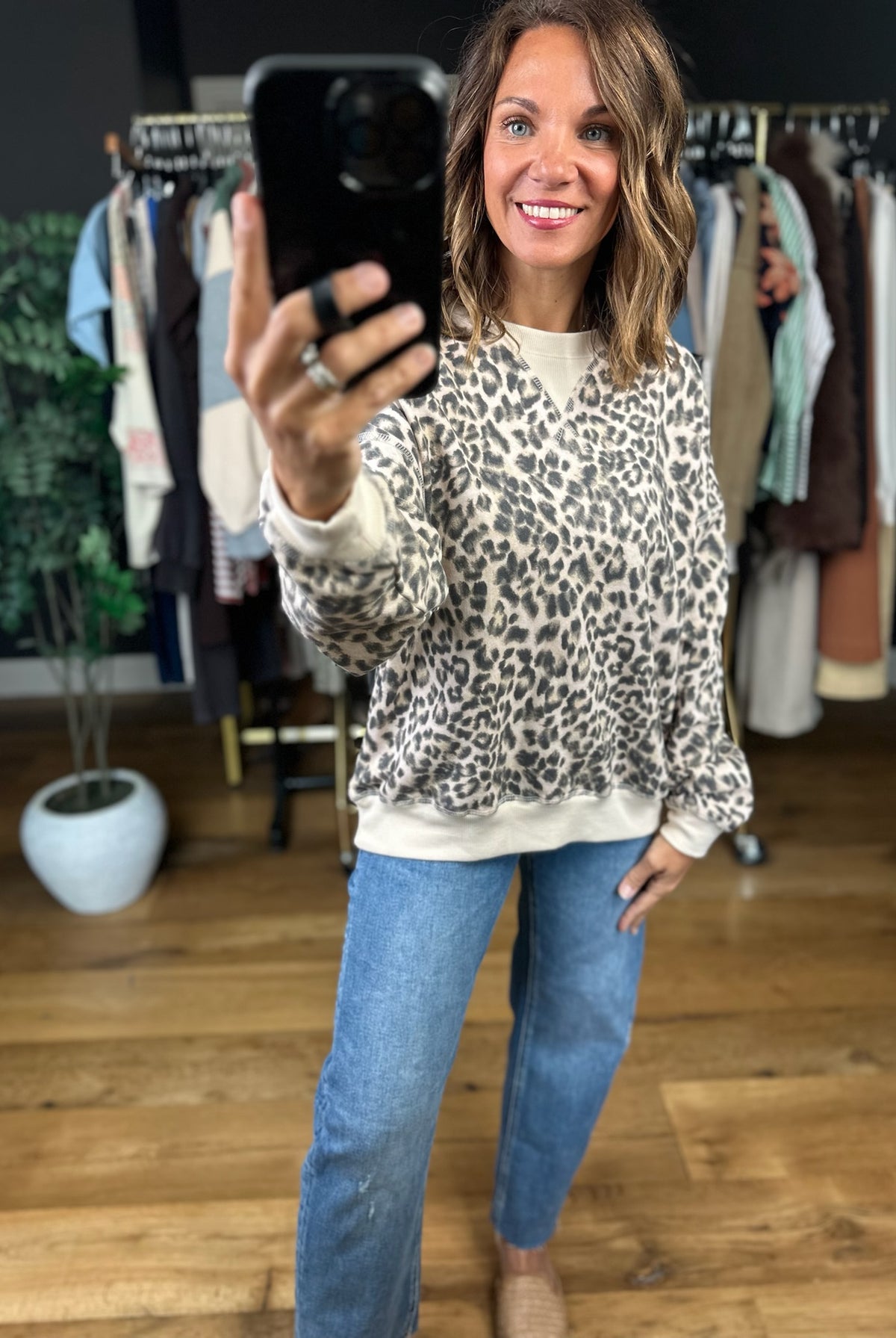 On The Spot Leopard Print Crewneck-Sweaters-JOA-Anna Kaytes Boutique, Women's Fashion Boutique in Grinnell, Iowa
