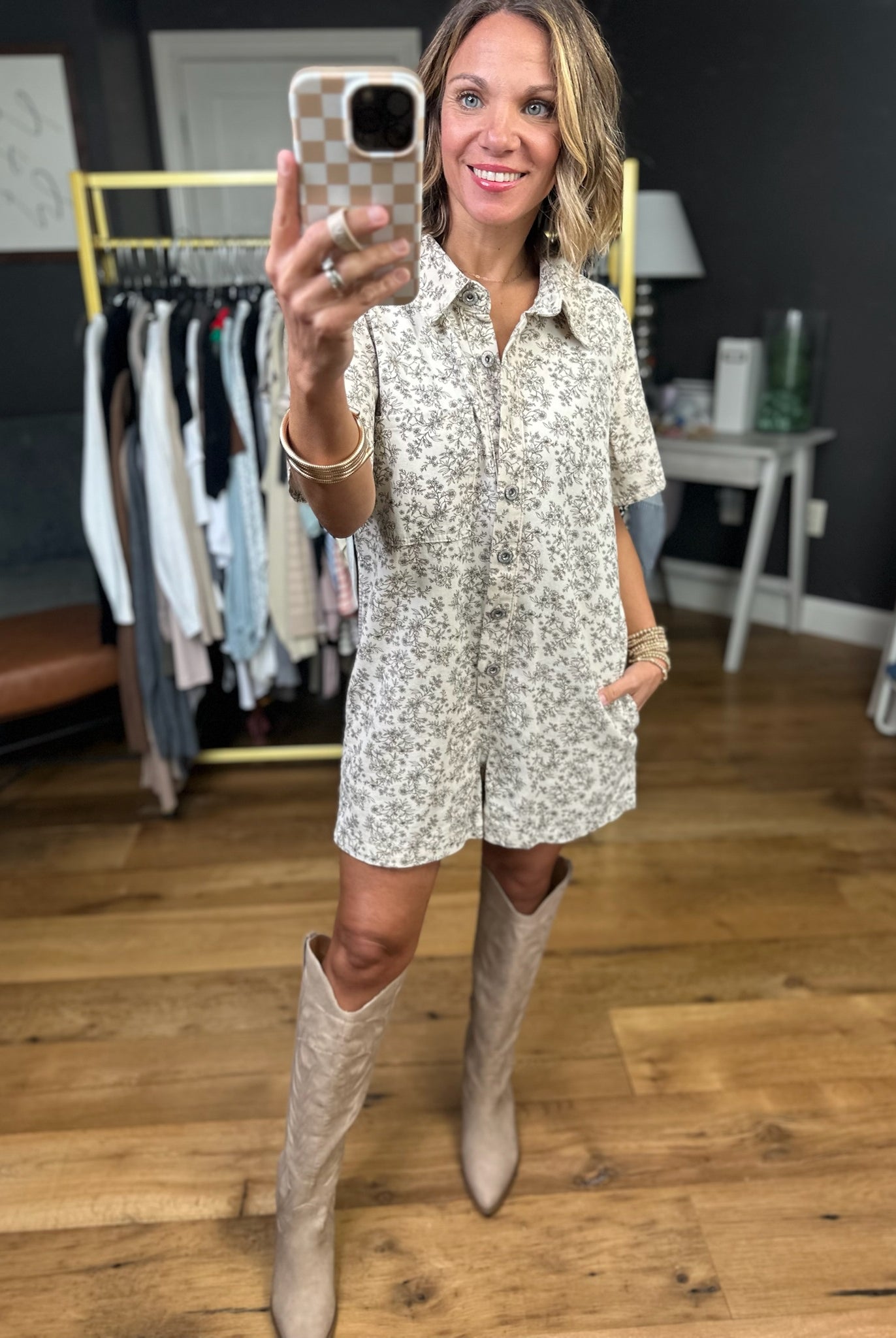 Heading West Floral Button-Down Romper - Natural/Brown-Wishlist-Anna Kaytes Boutique, Women's Fashion Boutique in Grinnell, Iowa