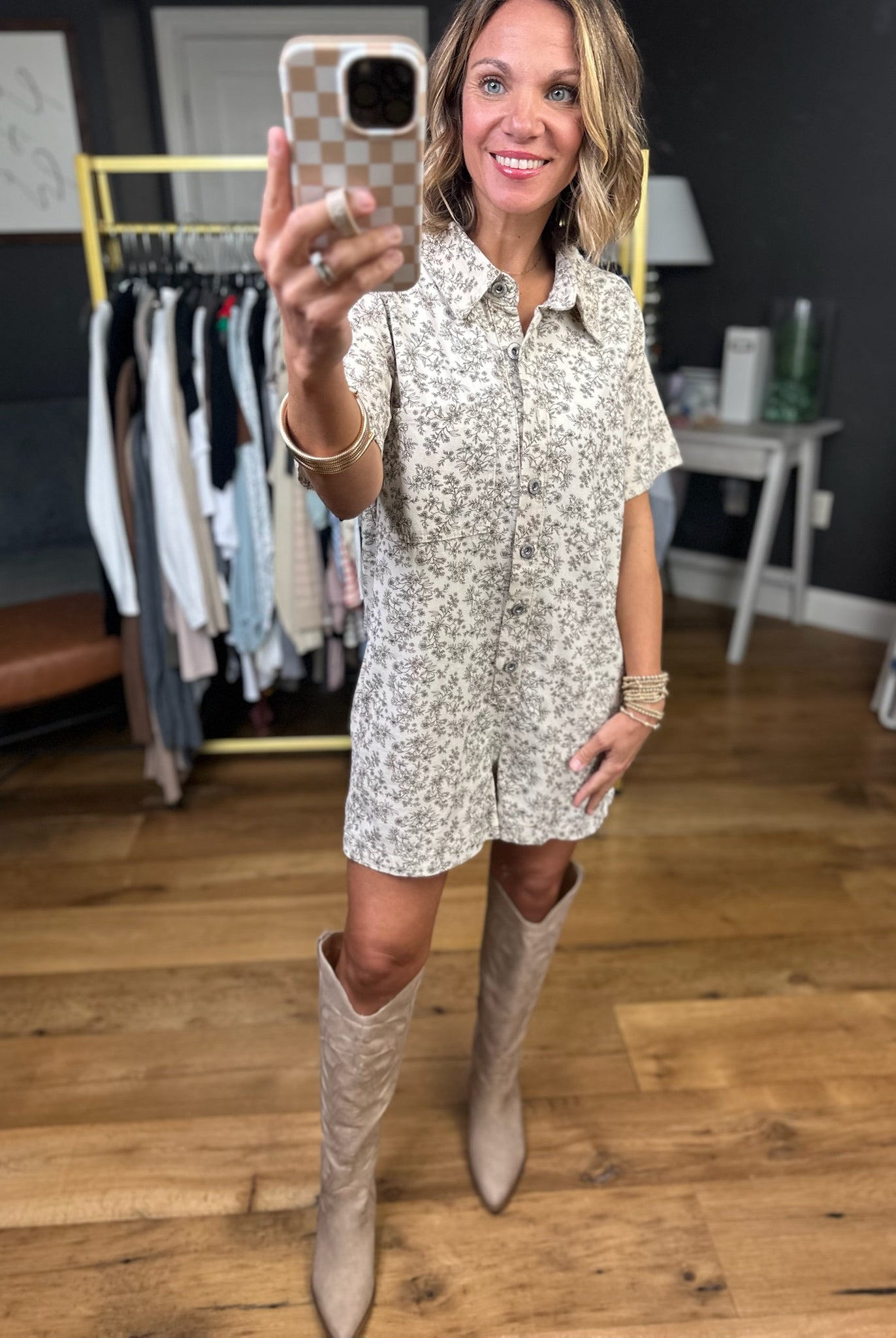 Heading West Floral Button-Down Romper - Natural/Brown-Wishlist-Anna Kaytes Boutique, Women's Fashion Boutique in Grinnell, Iowa