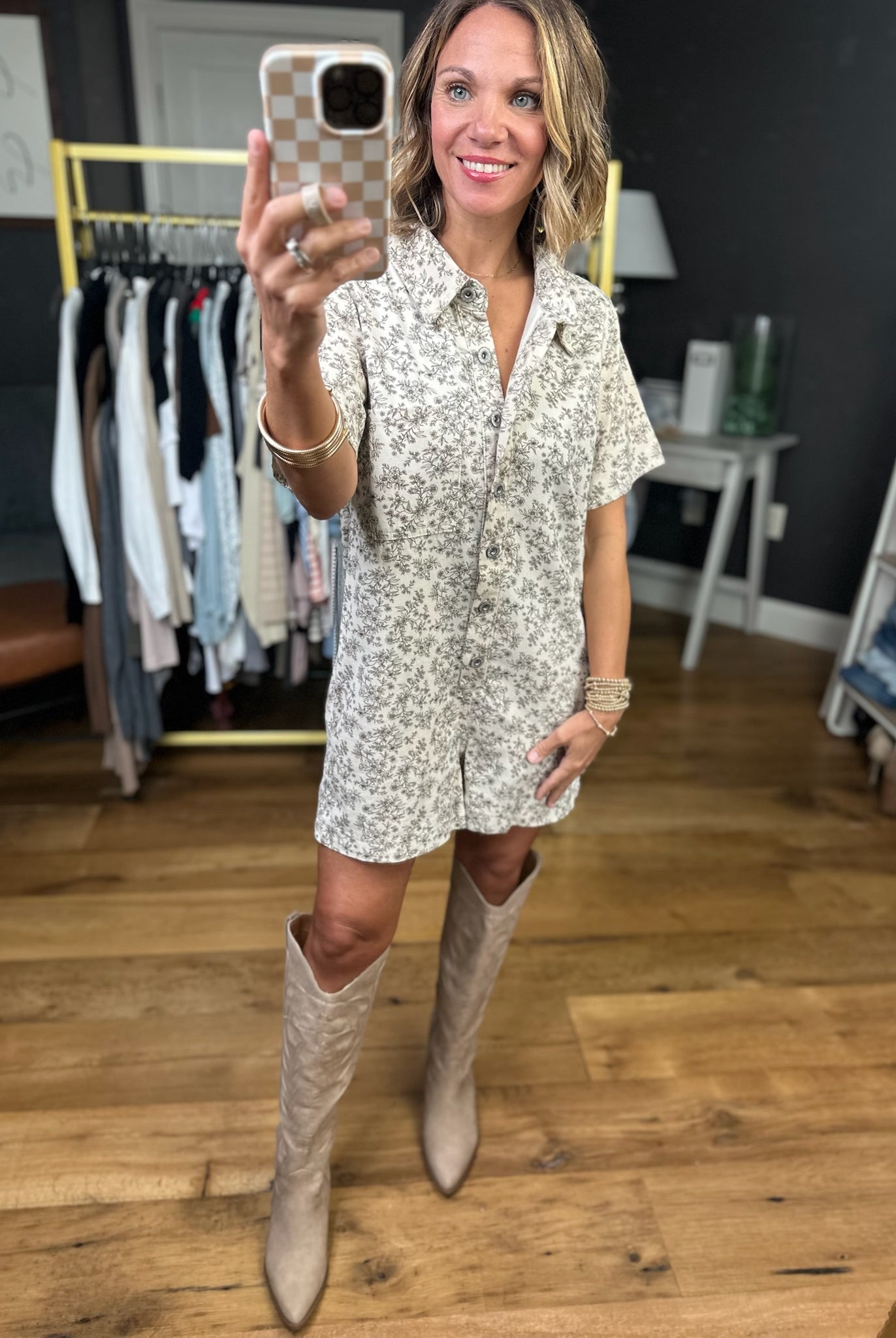 Heading West Floral Button-Down Romper - Natural/Brown-Wishlist-Anna Kaytes Boutique, Women's Fashion Boutique in Grinnell, Iowa