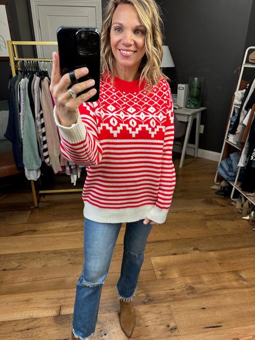 Wonderland Walk Patterned Crew Sweater - Red-Vine & Love VT81532-Anna Kaytes Boutique, Women's Fashion Boutique in Grinnell, Iowa