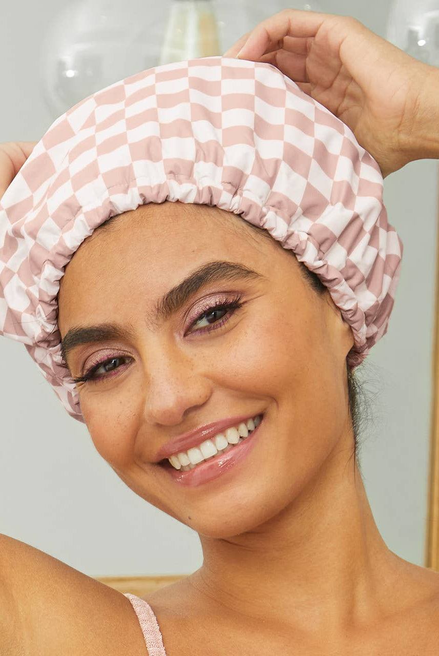 Satin Lined Flexi Shower Cap - Terracotta Checker-Hair Accessories-KITSCH-Anna Kaytes Boutique, Women's Fashion Boutique in Grinnell, Iowa