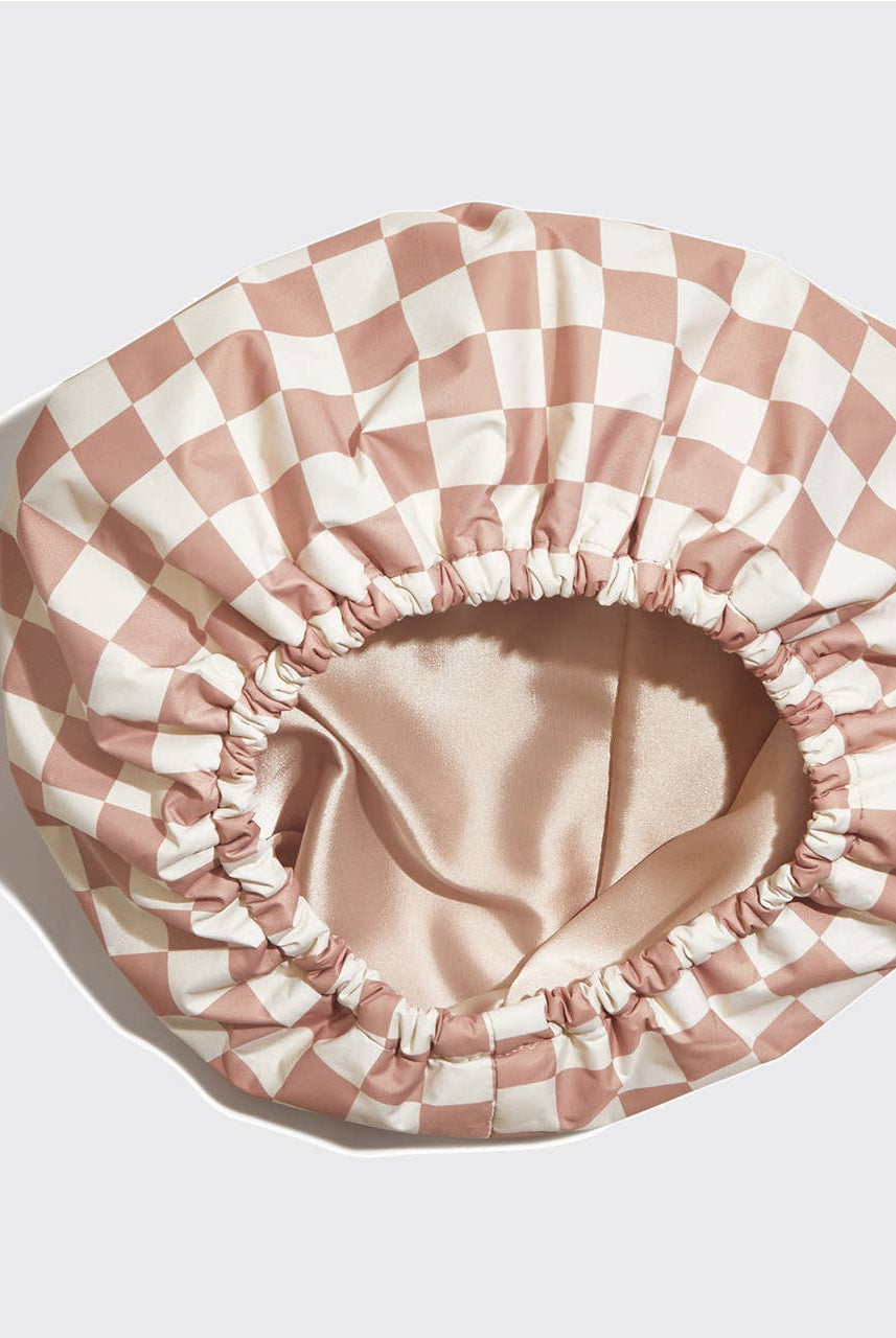 Satin Lined Flexi Shower Cap - Terracotta Checker-Hair Accessories-KITSCH-Anna Kaytes Boutique, Women's Fashion Boutique in Grinnell, Iowa