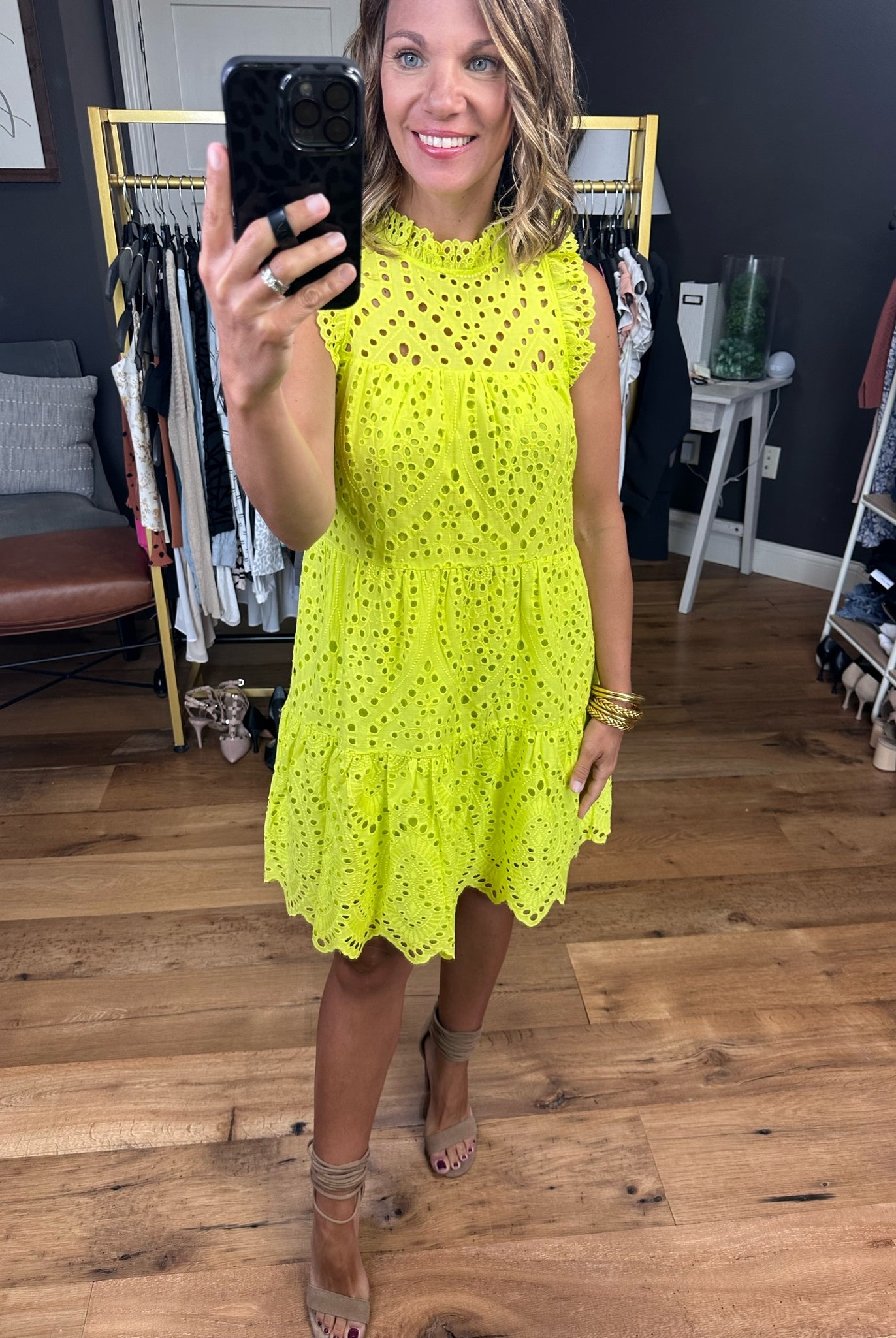 Lost In Paradise Crochet Detail Tiered Dress - Lime Yellow-Dresses-Skies Are Blue 99003-Anna Kaytes Boutique, Women's Fashion Boutique in Grinnell, Iowa