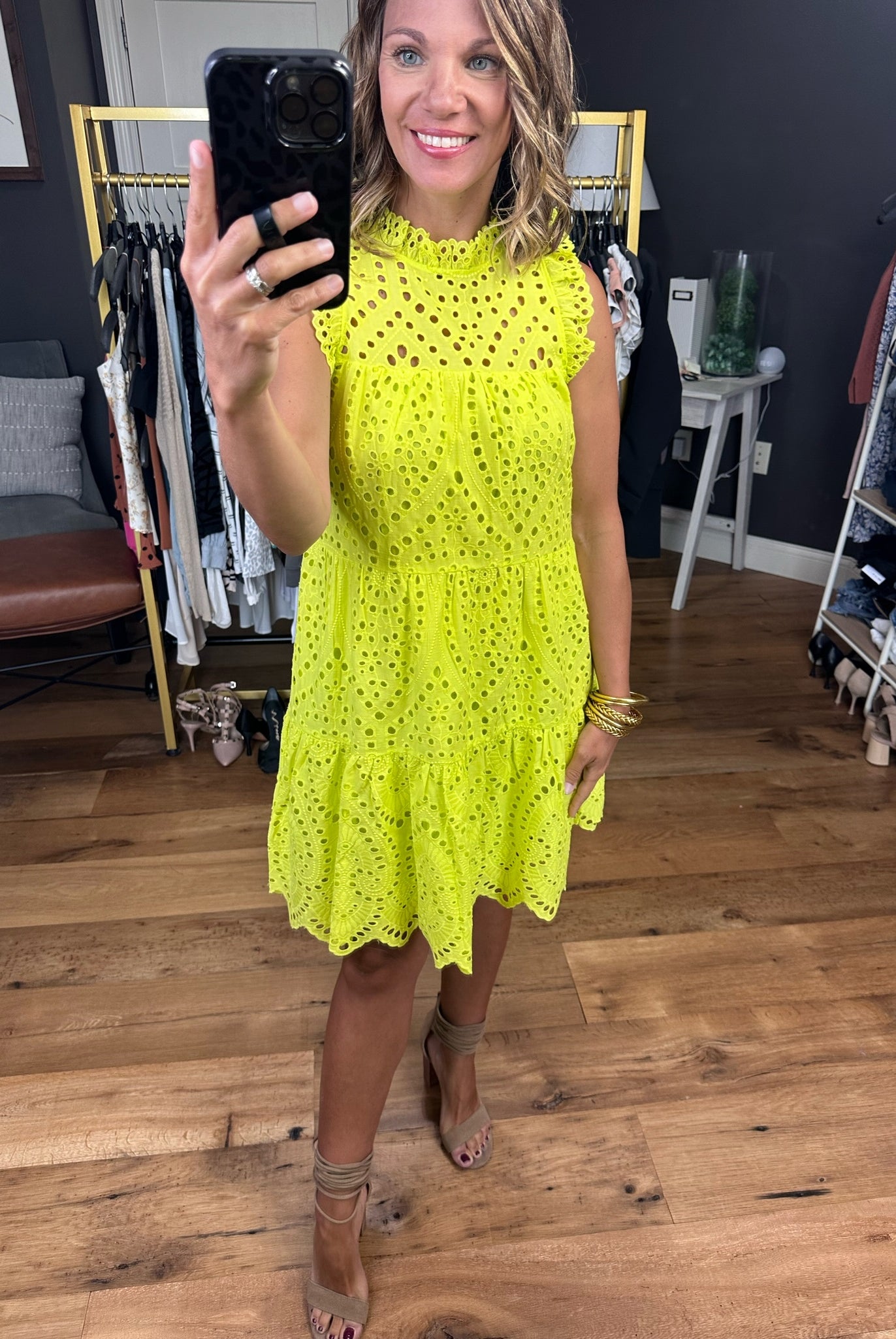 Lost In Paradise Crochet Detail Tiered Dress - Lime Yellow-Dresses-Skies Are Blue 99003-Anna Kaytes Boutique, Women's Fashion Boutique in Grinnell, Iowa