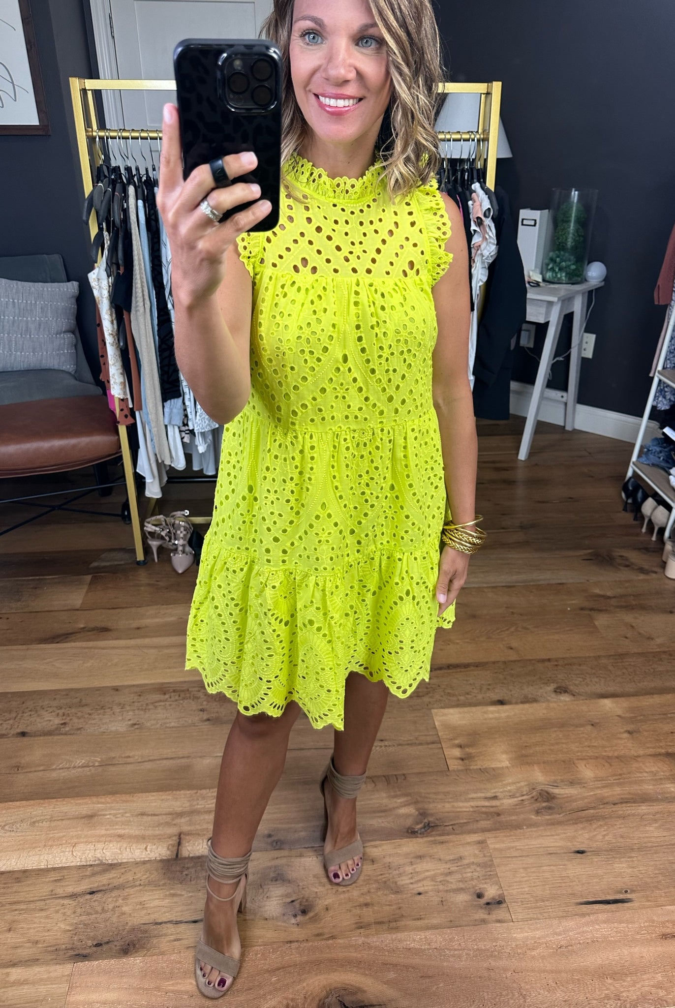 Lost In Paradise Crochet Detail Tiered Dress - Lime Yellow-Dresses-Skies Are Blue 99003-Anna Kaytes Boutique, Women's Fashion Boutique in Grinnell, Iowa