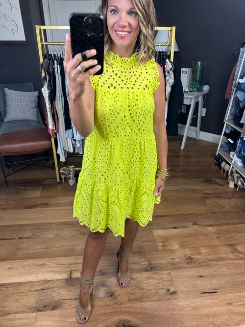 Lost In Paradise Crochet Detail Tiered Dress - Lime Yellow-Skies Are Blue 99003-Anna Kaytes Boutique, Women's Fashion Boutique in Grinnell, Iowa
