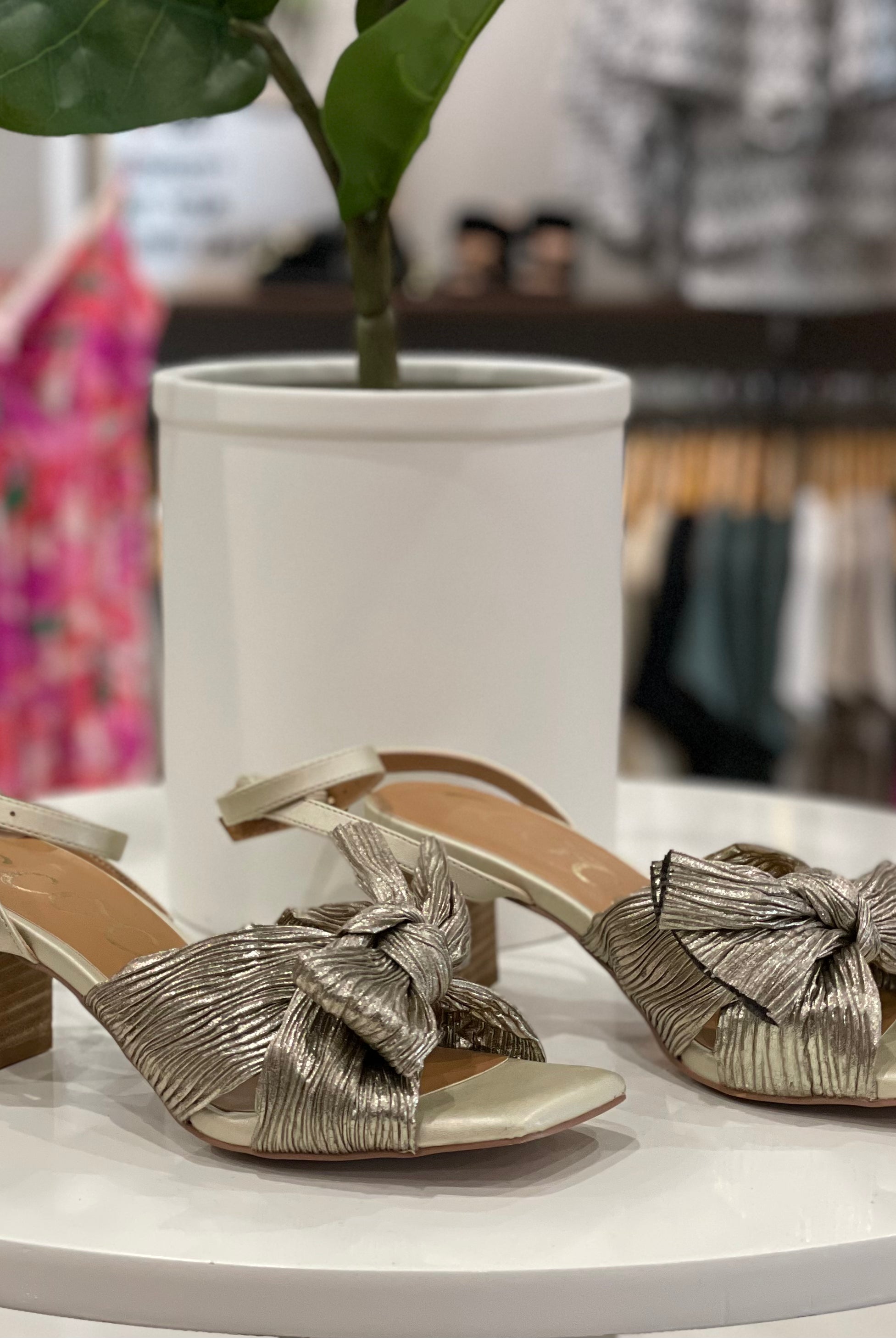 Bebe Pleated Bow Sandal Heel- Bronze-Heels-Ccocci- CARA-Anna Kaytes Boutique, Women's Fashion Boutique in Grinnell, Iowa