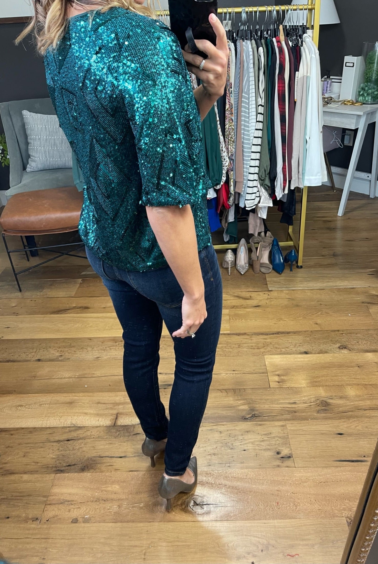 All Of The Lights Sequin-Detail Top - Hunter Green-Short Sleeves-Skies Are Blue-Anna Kaytes Boutique, Women's Fashion Boutique in Grinnell, Iowa