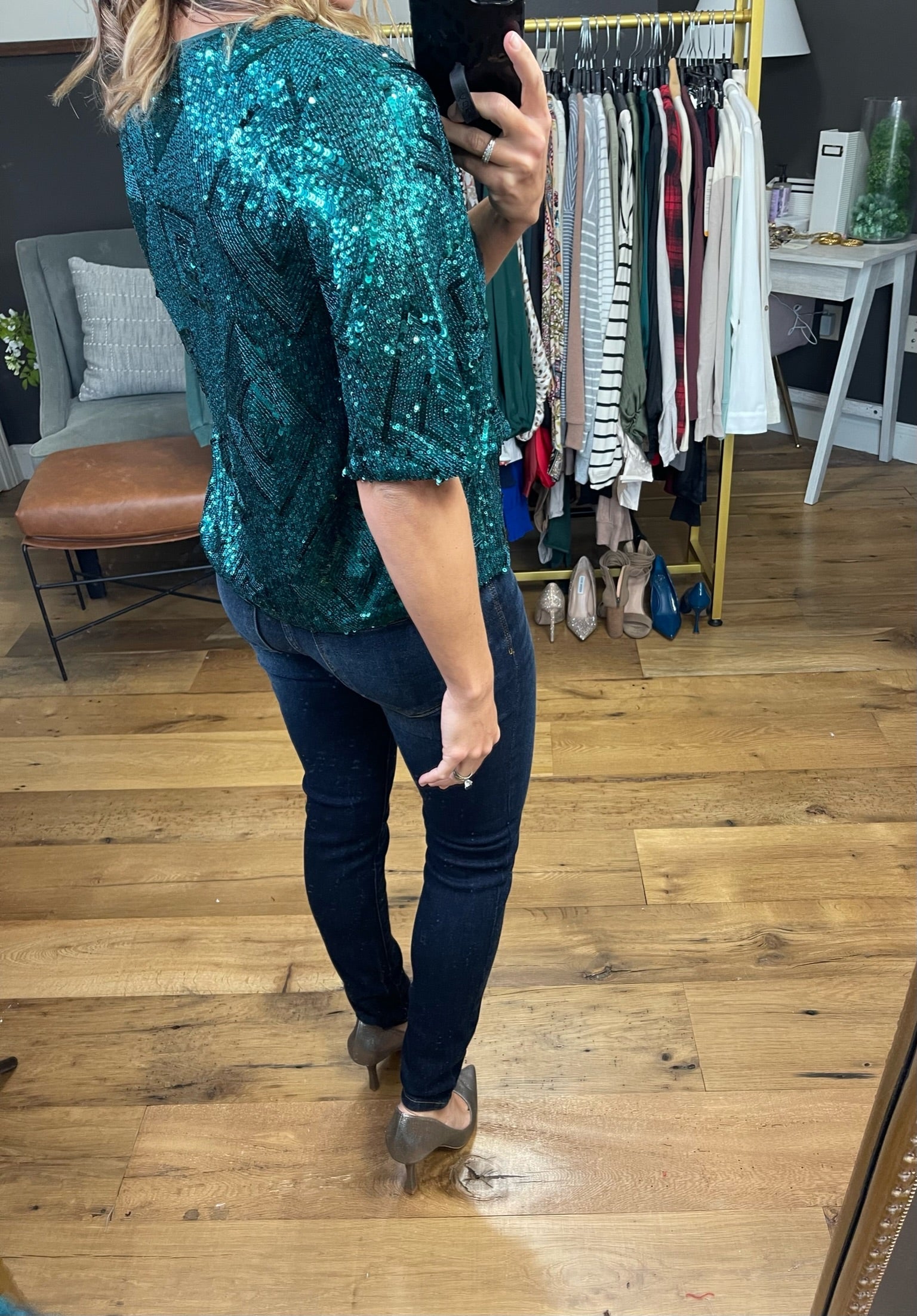 All Of The Lights Sequin-Detail Top - Hunter Green-Short Sleeves-Skies Are Blue-Anna Kaytes Boutique, Women's Fashion Boutique in Grinnell, Iowa