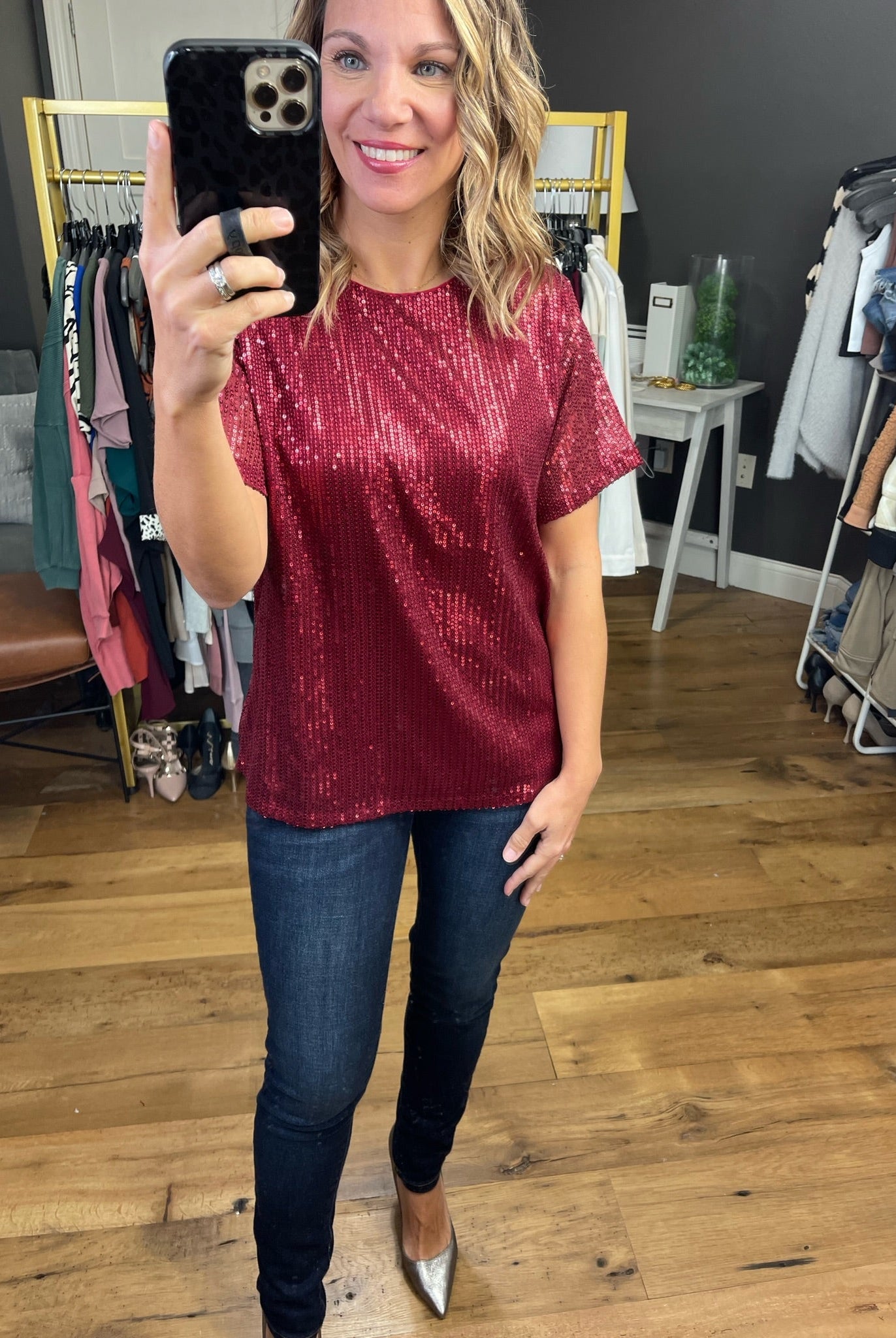 Take A Look Sequin Detail Top - Wine-Short Sleeves-Vine & Love VT60101-Anna Kaytes Boutique, Women's Fashion Boutique in Grinnell, Iowa