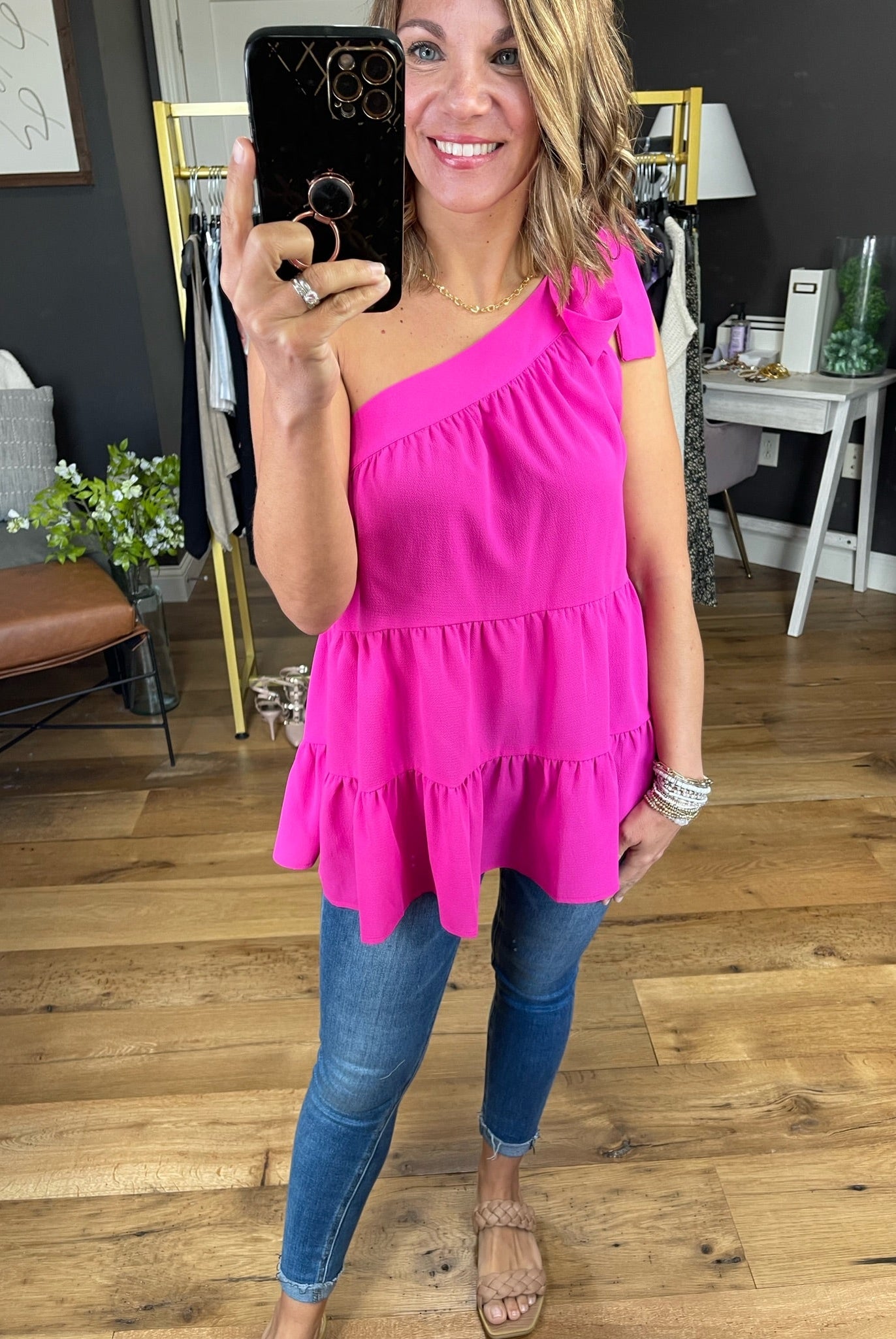 Take Too Long One Shoulder Tiered Top - Fuchsia-Sleeveless-Staccato 18612-Anna Kaytes Boutique, Women's Fashion Boutique in Grinnell, Iowa