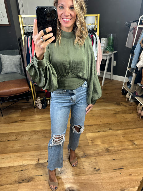 Admit It Open-Back Cropped Top With Statement Sleeve Detail - Olive-Glam GT4137-Anna Kaytes Boutique, Women's Fashion Boutique in Grinnell, Iowa