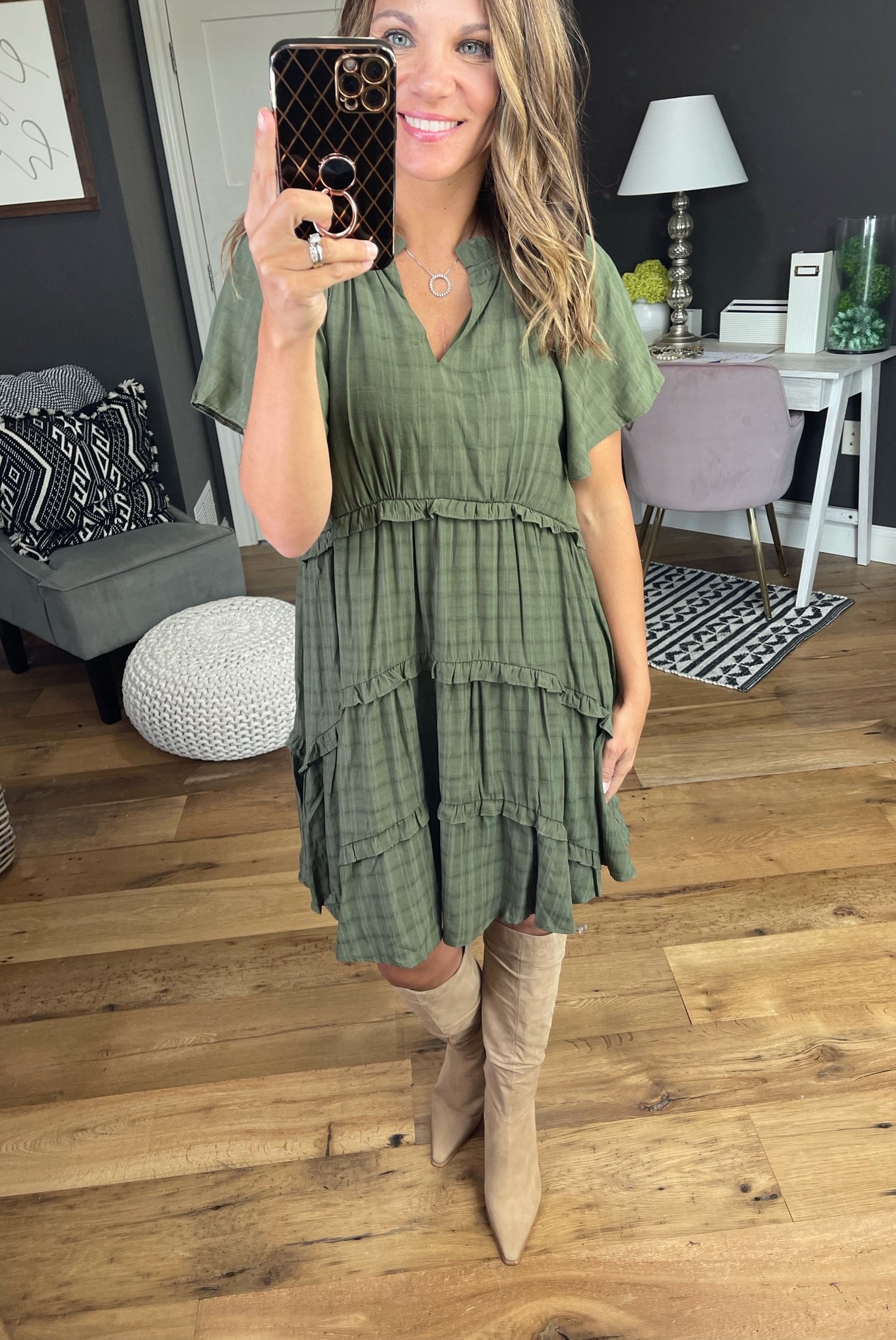 Waiting On Tonight Tiered V-Neck Dress With Ruffle Detail - Dark Sage-Entro-Anna Kaytes Boutique, Women's Fashion Boutique in Grinnell, Iowa