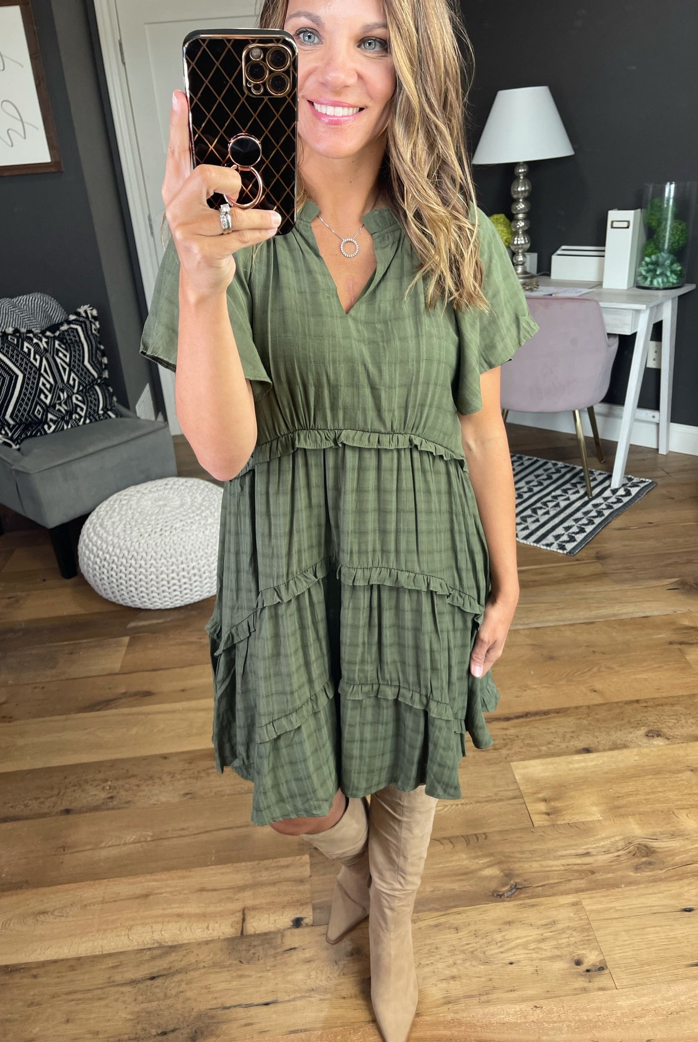 Waiting On Tonight Tiered V-Neck Dress With Ruffle Detail - Dark Sage-Entro-Anna Kaytes Boutique, Women's Fashion Boutique in Grinnell, Iowa