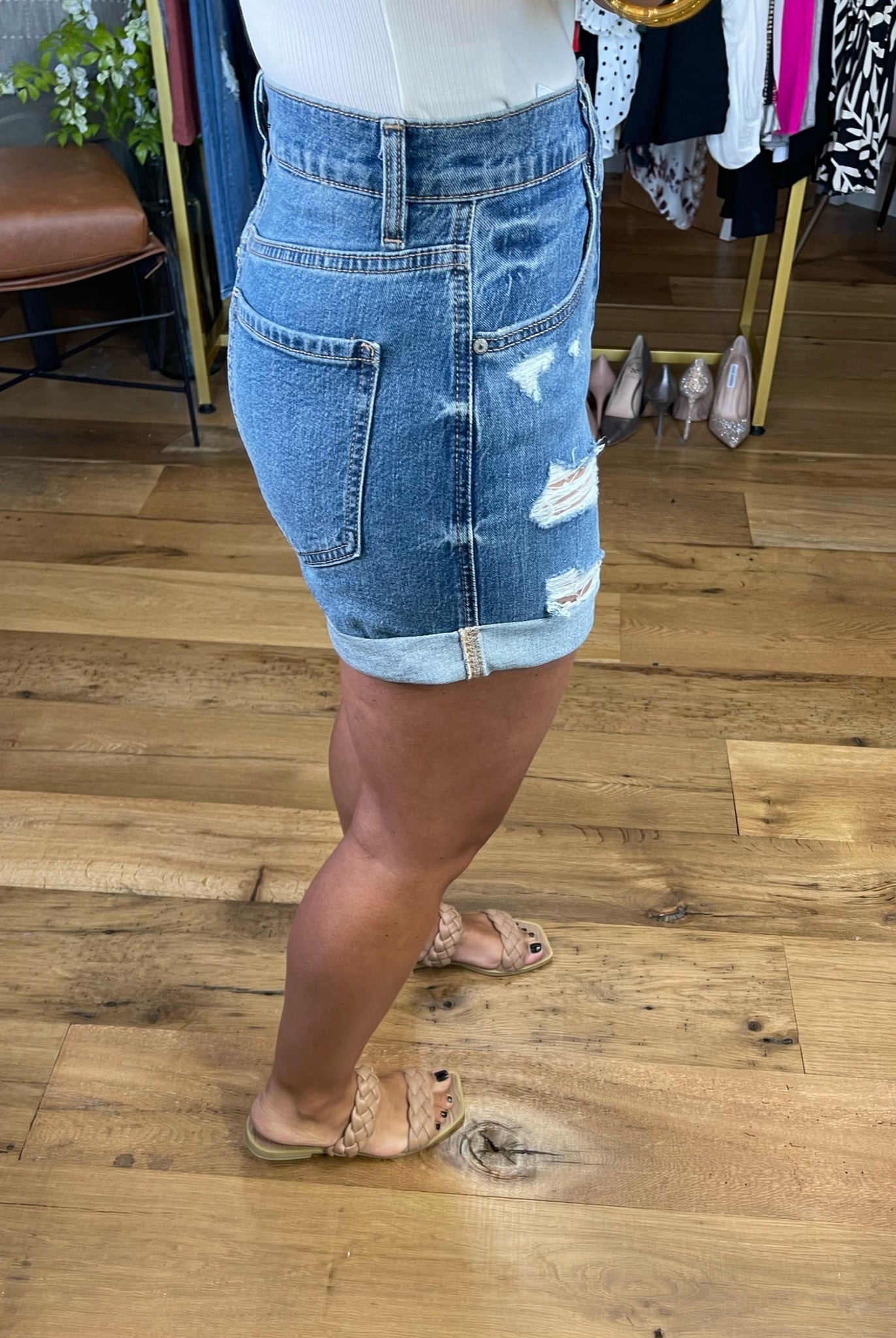 The Haley Distressed Denim Short 2.0 - Medium Wash-Shorts-Eunina E39059M00-Anna Kaytes Boutique, Women's Fashion Boutique in Grinnell, Iowa