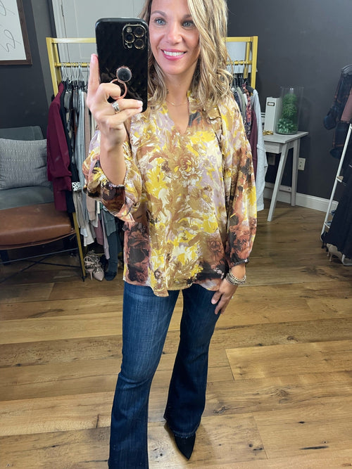 Far & Wide Watercolor Floral Top - Golden Brown-Entro-Anna Kaytes Boutique, Women's Fashion Boutique in Grinnell, Iowa