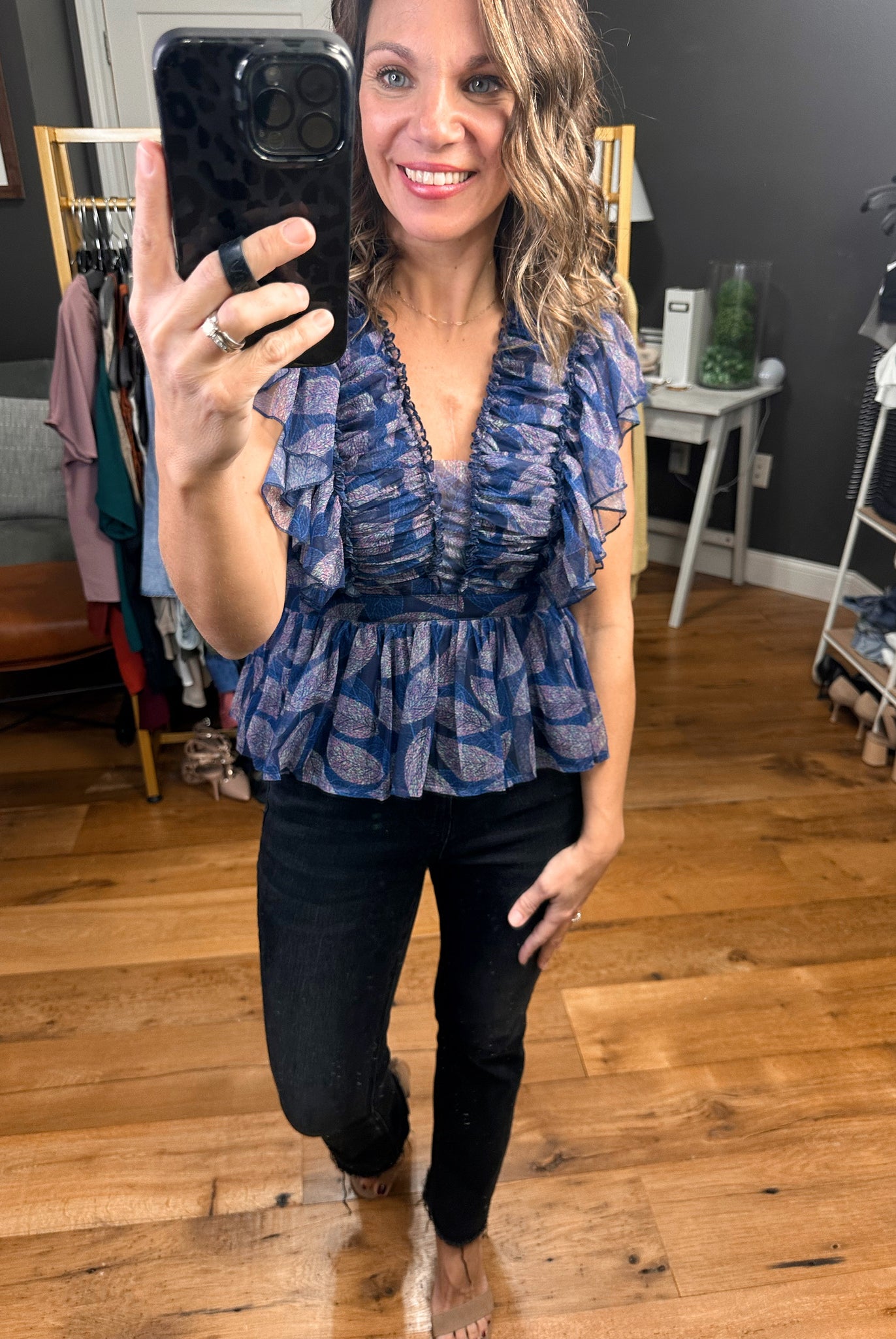 Never Question Peplum Top With Flutter Detail - Navy-Short Sleeves-Entro 17965-Anna Kaytes Boutique, Women's Fashion Boutique in Grinnell, Iowa