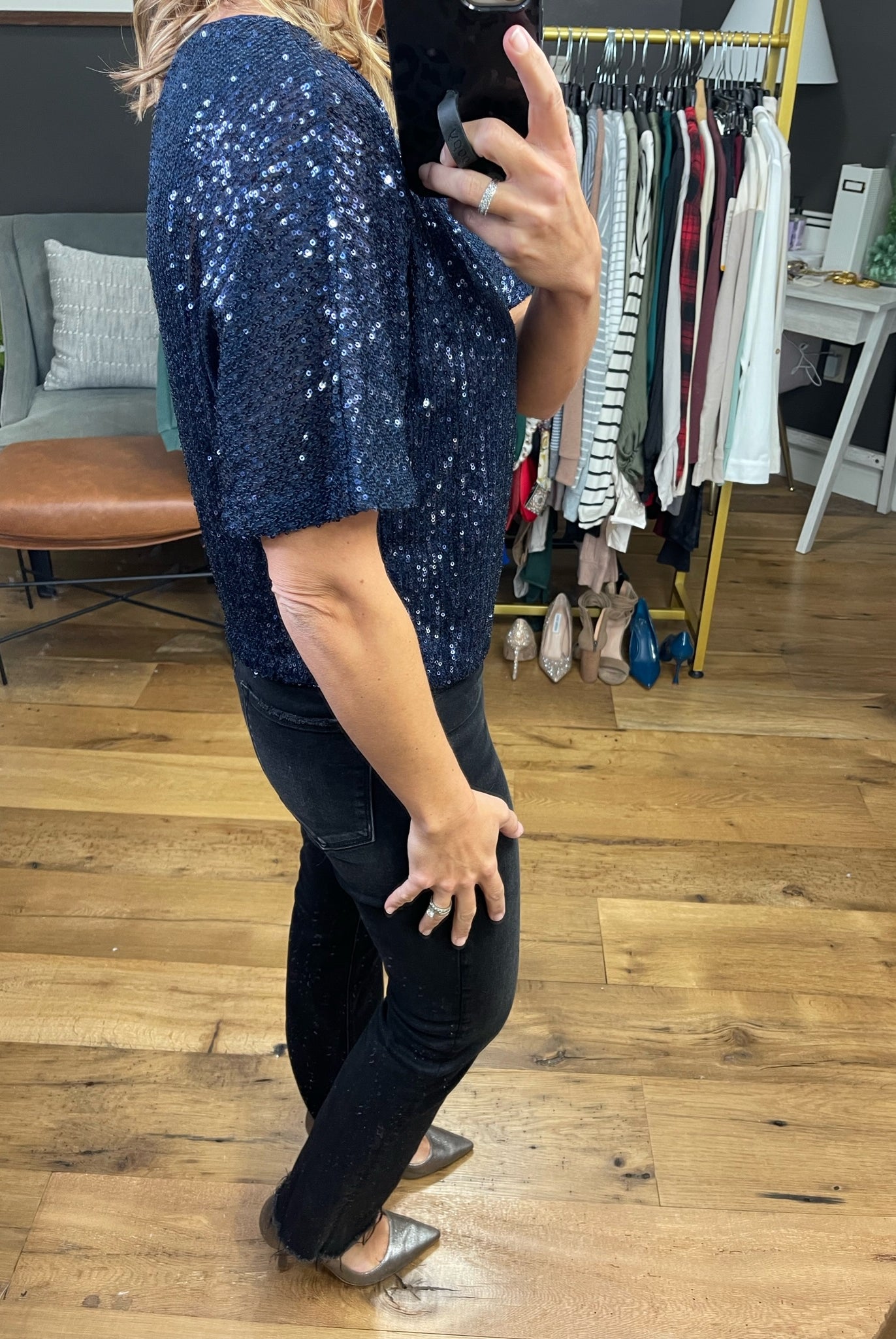 This Part Sequin-Detail Top - Navy-Short Sleeves-Skies Are Blue 44630-Anna Kaytes Boutique, Women's Fashion Boutique in Grinnell, Iowa