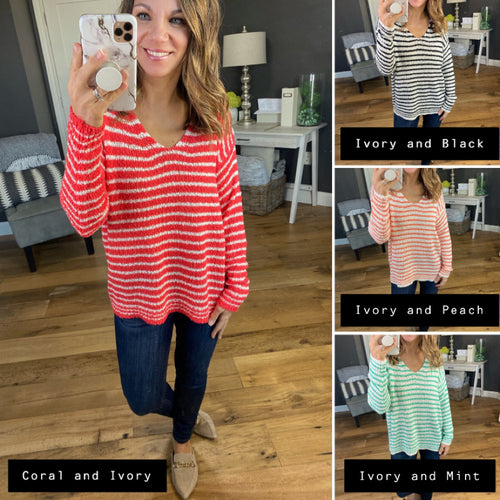 Draw The Line Striped V-Neck Loose Knit Sweater- Multiple Options-Clothing, Tops, Long sleeve, sweaters-staccato 53063A-Anna Kaytes Boutique, Women's Fashion Boutique in Grinnell, Iowa