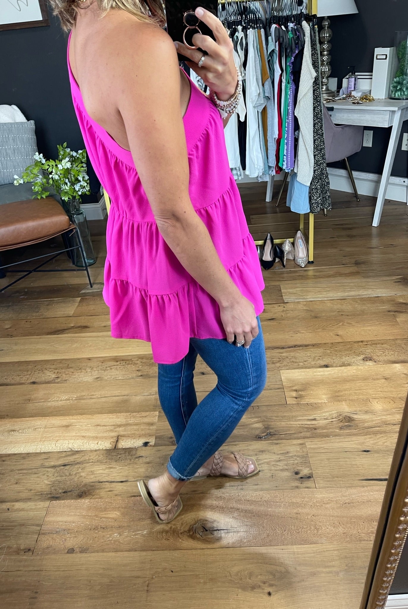 Take Too Long One Shoulder Tiered Top - Fuchsia-Sleeveless-Staccato 18612-Anna Kaytes Boutique, Women's Fashion Boutique in Grinnell, Iowa