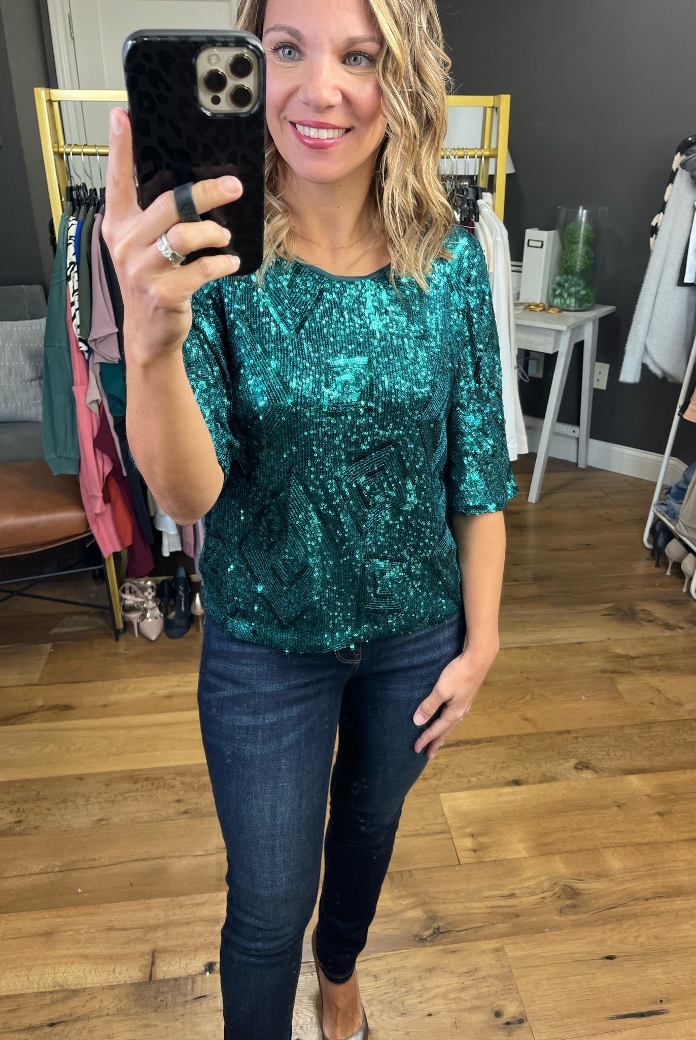All Of The Lights Sequin-Detail Top - Hunter Green-Short Sleeves-Skies Are Blue-Anna Kaytes Boutique, Women's Fashion Boutique in Grinnell, Iowa