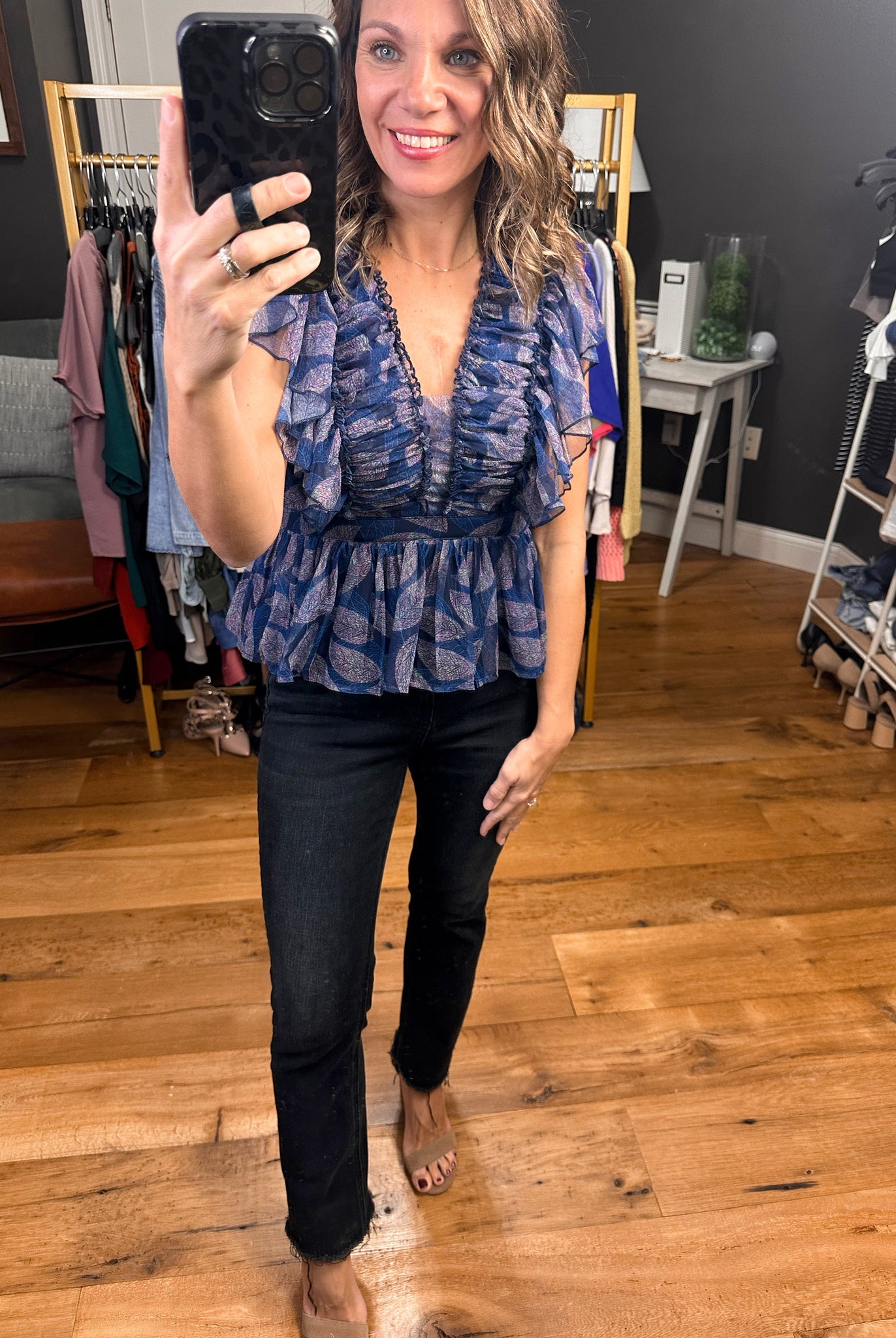 Never Question Peplum Top With Flutter Detail - Navy-Short Sleeves-Entro 17965-Anna Kaytes Boutique, Women's Fashion Boutique in Grinnell, Iowa