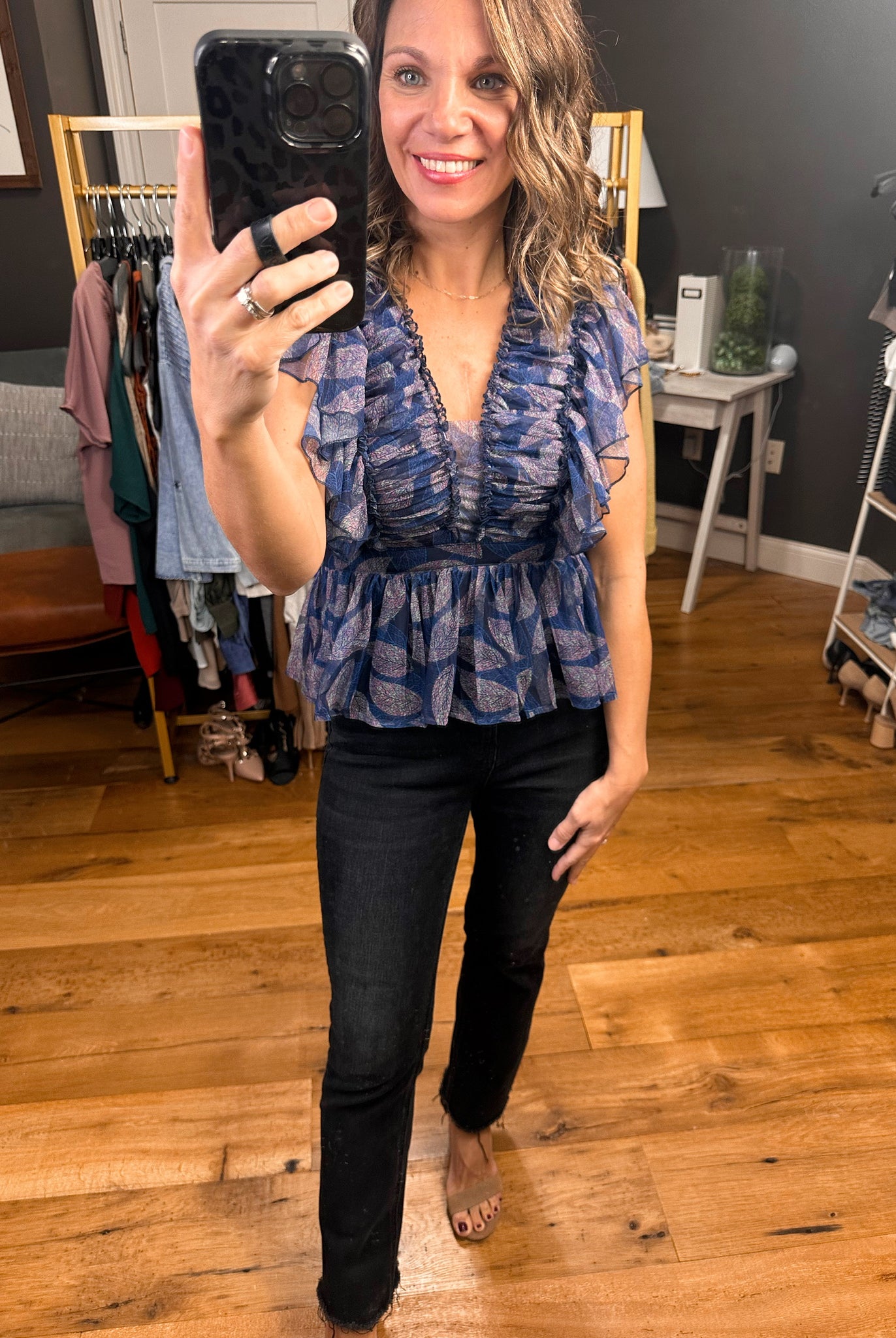 Never Question Peplum Top With Flutter Detail - Navy-Short Sleeves-Entro 17965-Anna Kaytes Boutique, Women's Fashion Boutique in Grinnell, Iowa