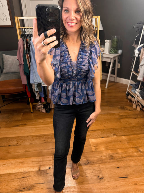Never Question Peplum Top With Flutter Detail - Navy-Entro 17965-Anna Kaytes Boutique, Women's Fashion Boutique in Grinnell, Iowa