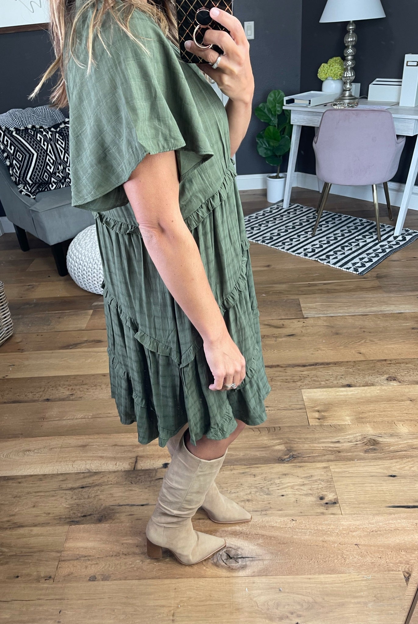 Waiting On Tonight Tiered V-Neck Dress With Ruffle Detail - Dark Sage-Entro-Anna Kaytes Boutique, Women's Fashion Boutique in Grinnell, Iowa