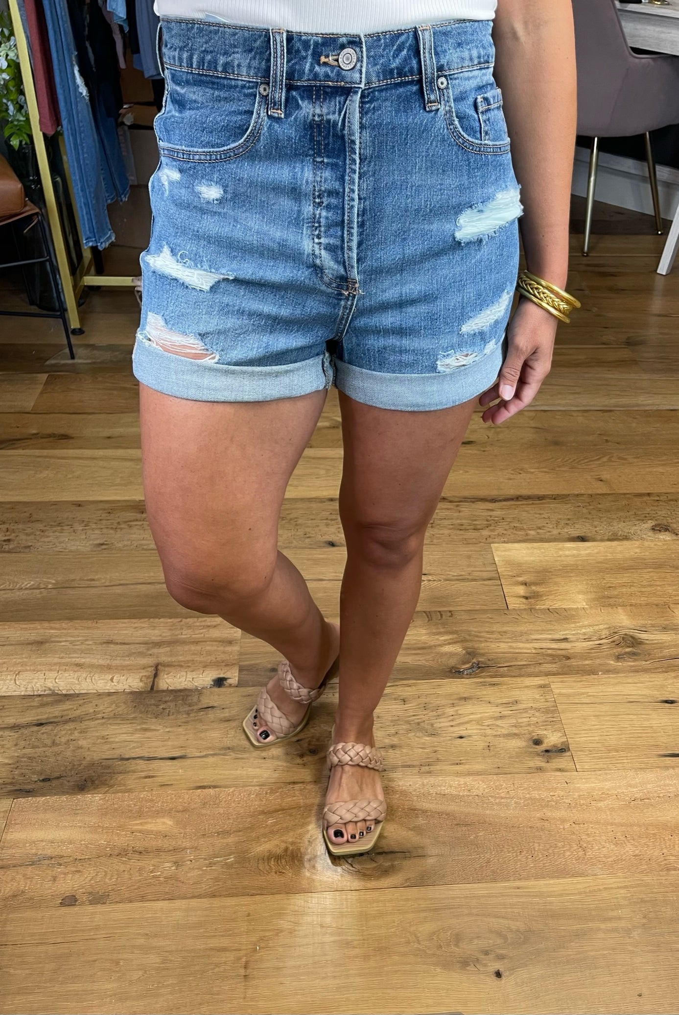 The Haley Distressed Denim Short 2.0 - Medium Wash-Shorts-Eunina E39059M00-Anna Kaytes Boutique, Women's Fashion Boutique in Grinnell, Iowa