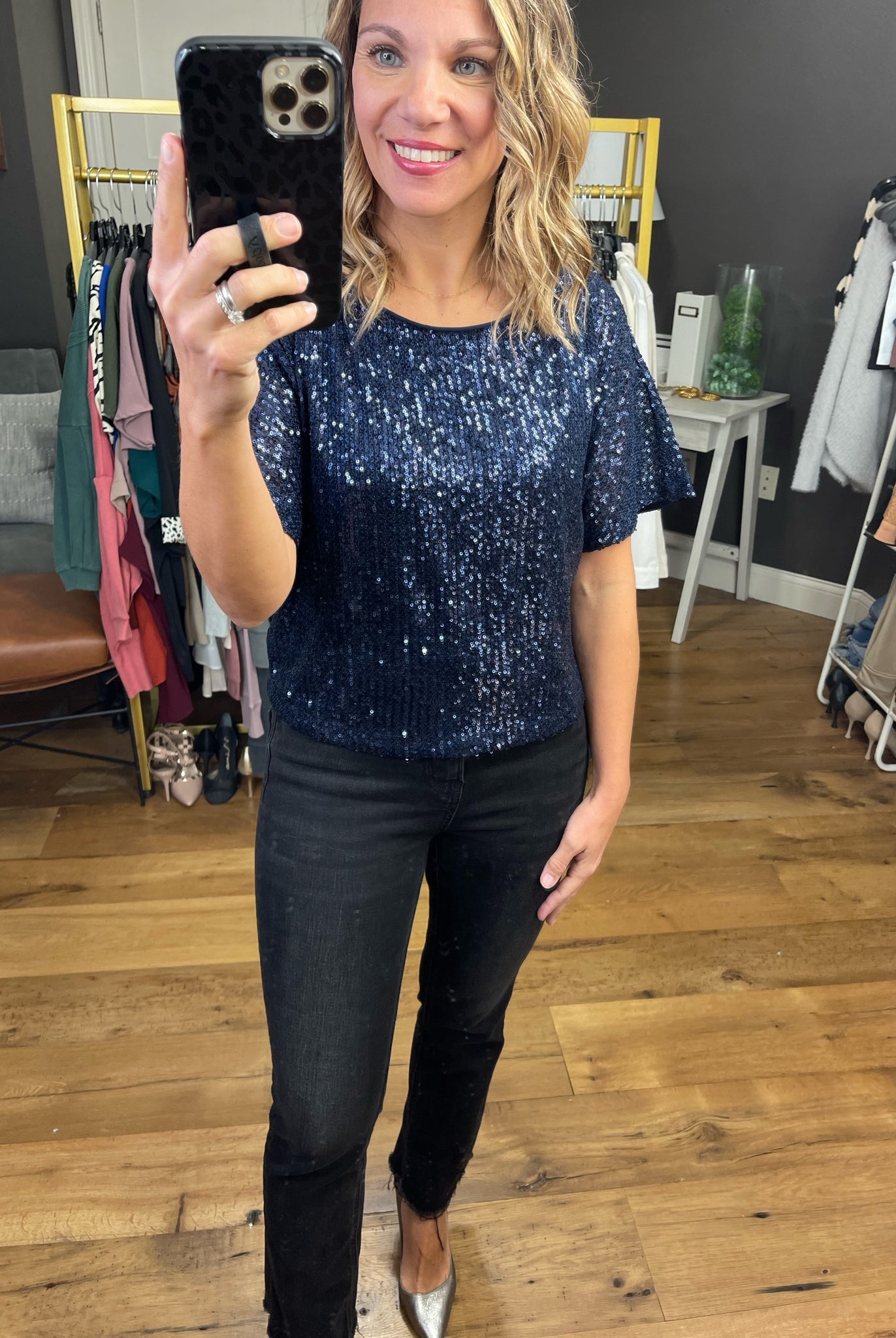 This Part Sequin-Detail Top - Navy-Short Sleeves-Skies Are Blue 44630-Anna Kaytes Boutique, Women's Fashion Boutique in Grinnell, Iowa